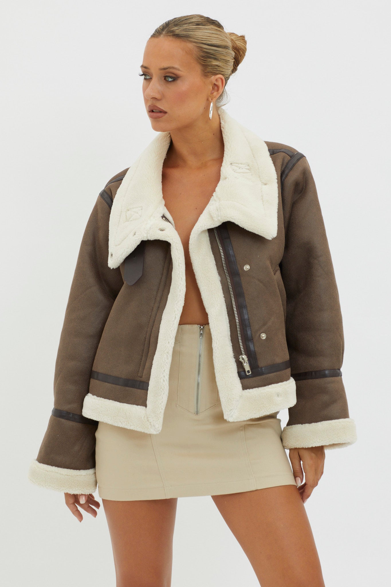 Wintertide Sherpa Trim Jacket Mocha by Selfie Leslie