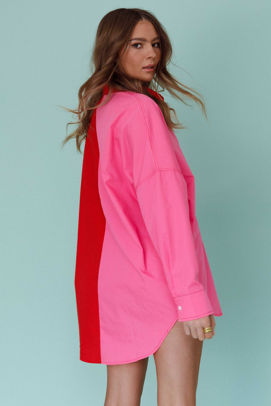 Blanca Long Sleeve Button-Up Shirt Pink/Red by Selfie Leslie
