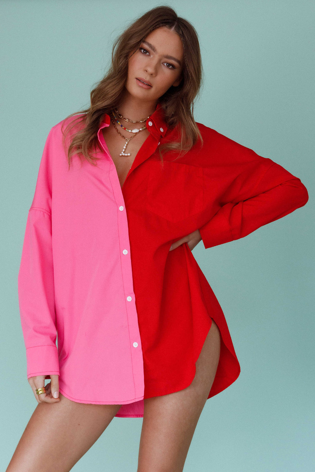 Blanca Long Sleeve Button-Up Shirt Pink/Red by Selfie Leslie