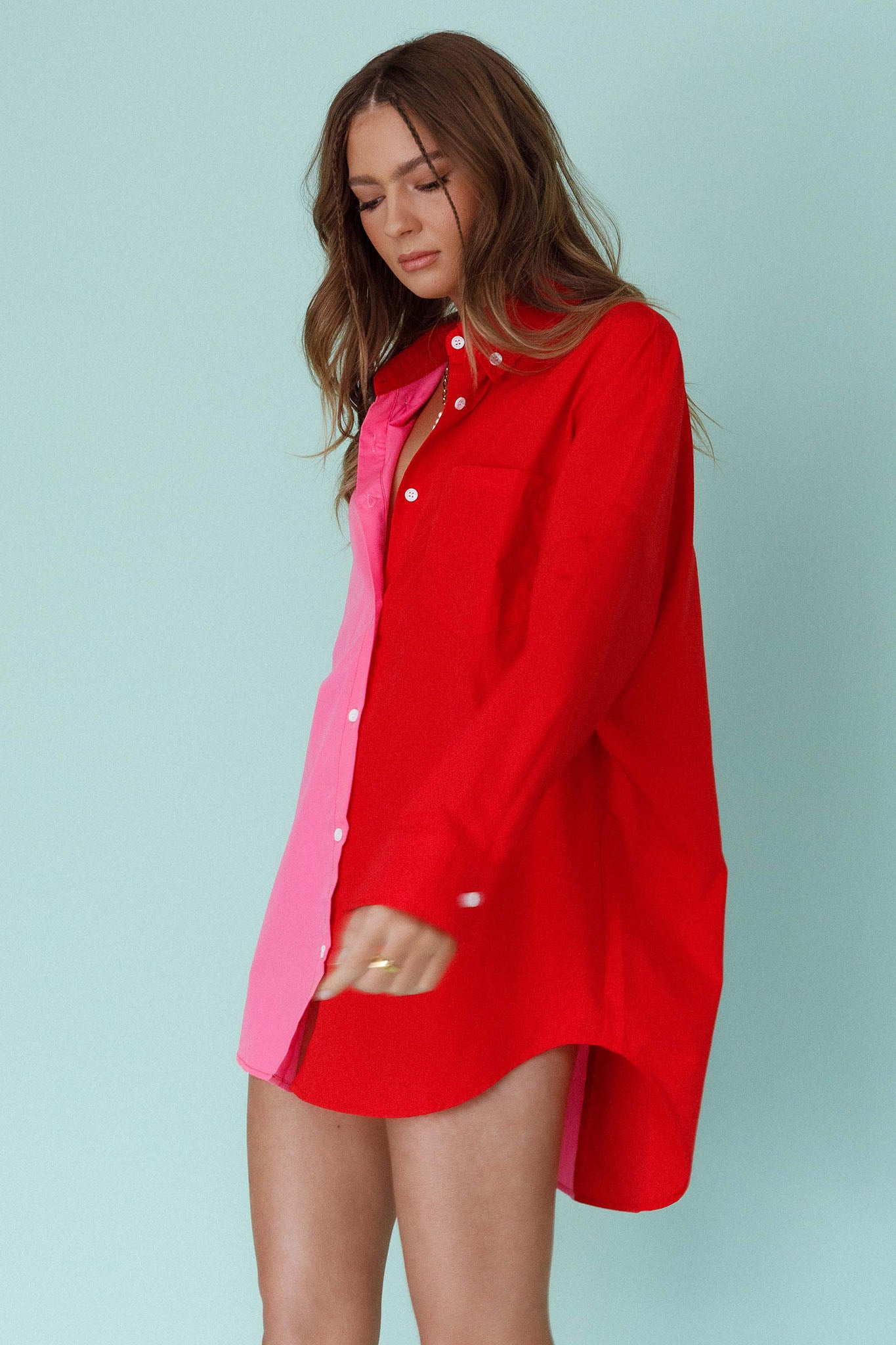 Blanca Long Sleeve Button-Up Shirt Pink/Red by Selfie Leslie