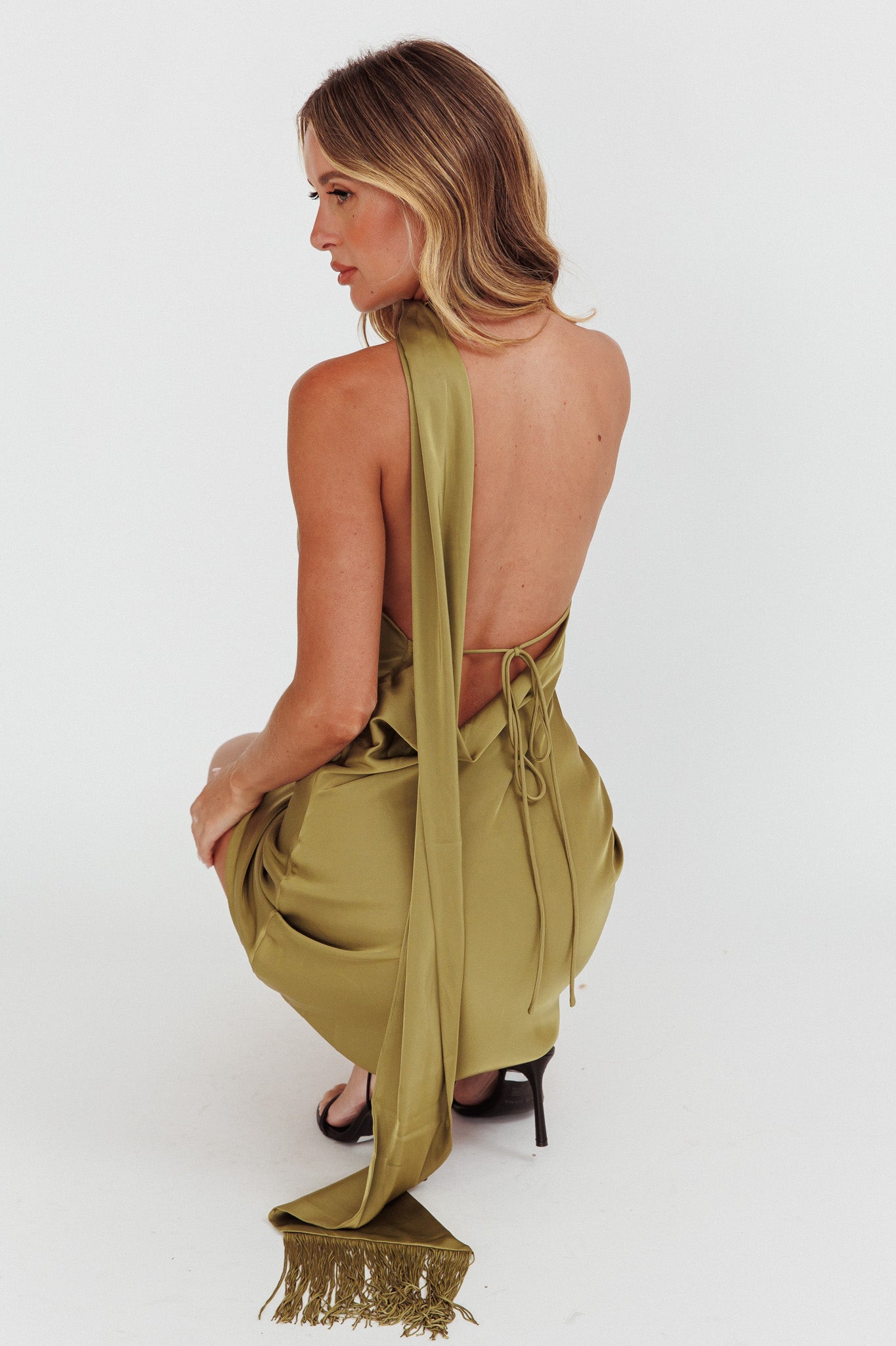 Awaken One-Shoulder Halter Mini Dress Sage by Selfie Leslie