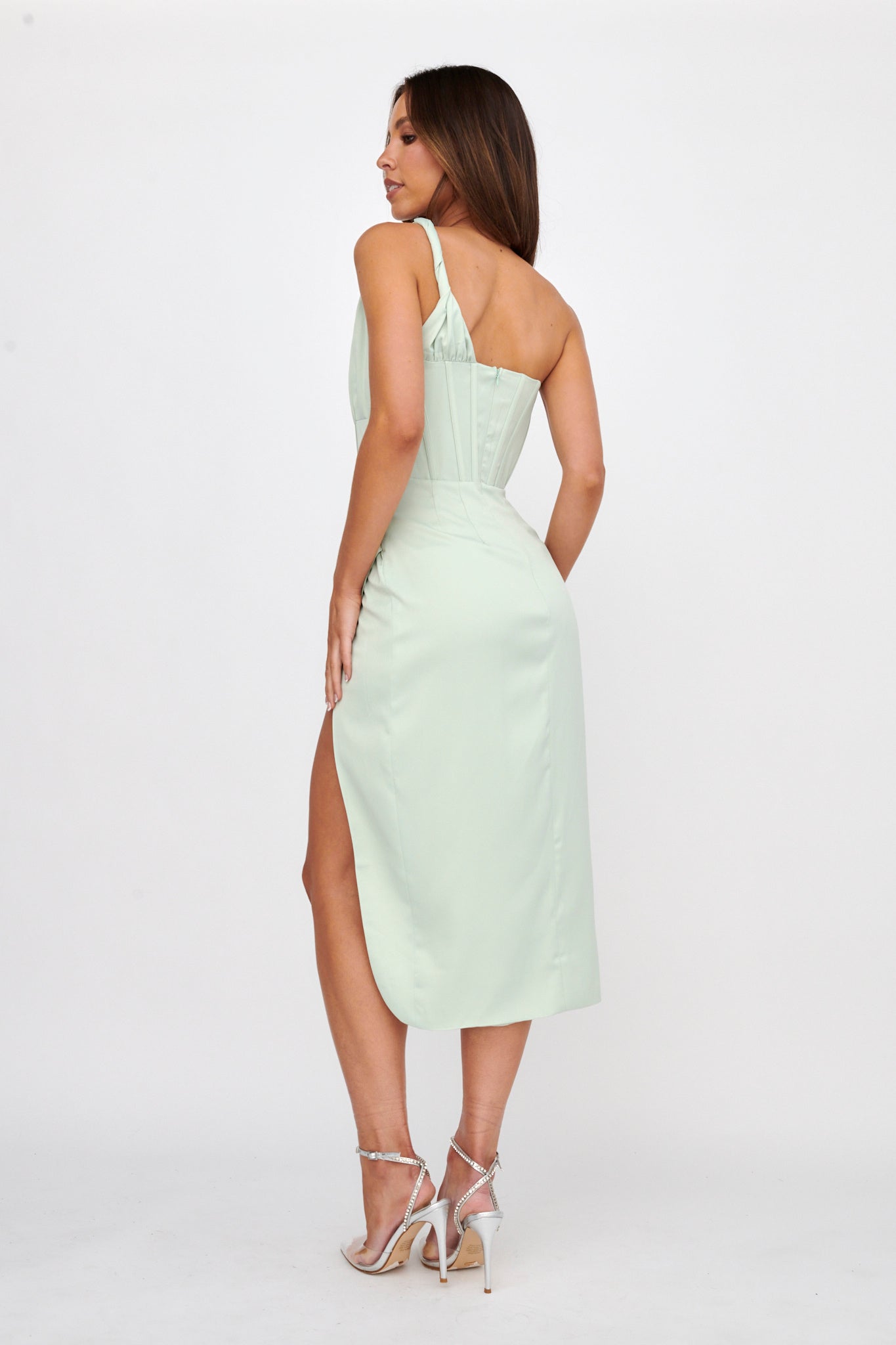 mint one shoulder draped midi dress Phoebe Mint One-Shoulder Ruched Mesh Mini Dress