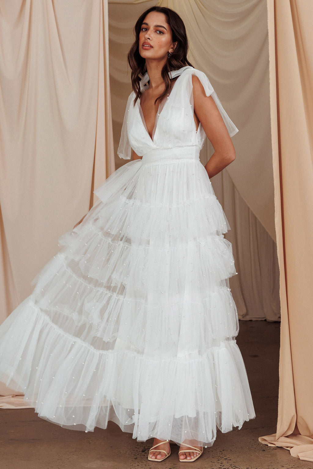 My Fair Lady Tiered Pearl Embellished Maxi Dress White by Selfie Leslie