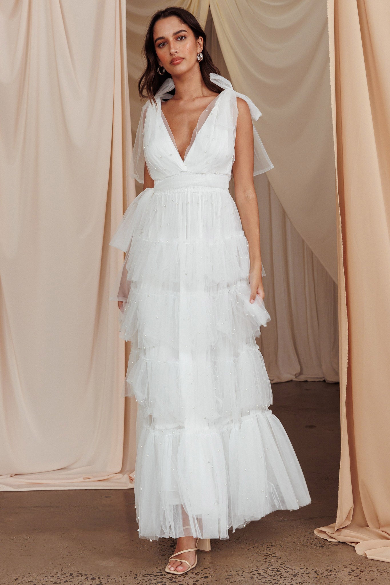 My Fair Lady Tiered Pearl Embellished Maxi Dress White by Selfie Leslie