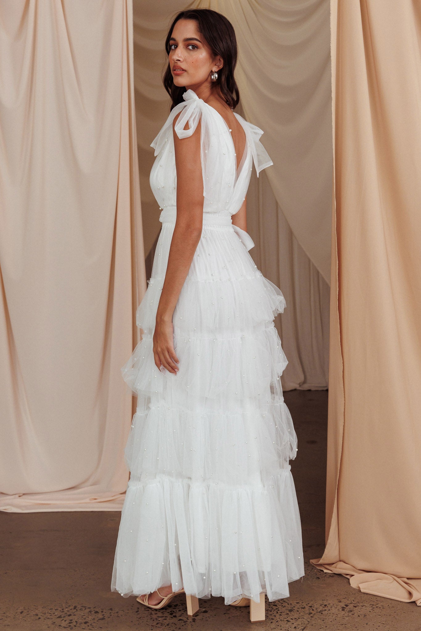 My Fair Lady Tiered Pearl Embellished Maxi Dress White by Selfie Leslie