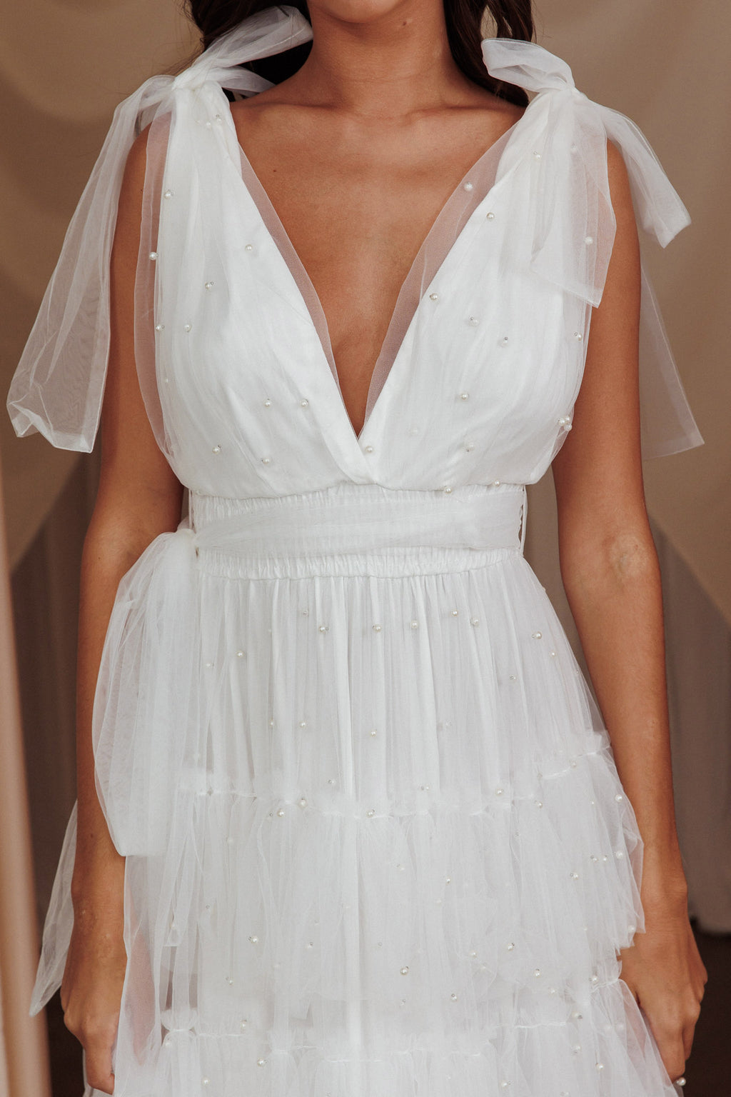 My Fair Lady Tiered Pearl Embellished Maxi Dress White by Selfie Leslie