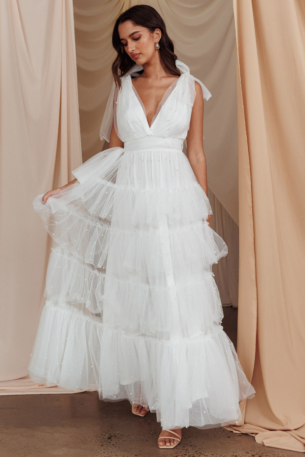 My Fair Lady Tiered Pearl Embellished Maxi Dress White by Selfie Leslie