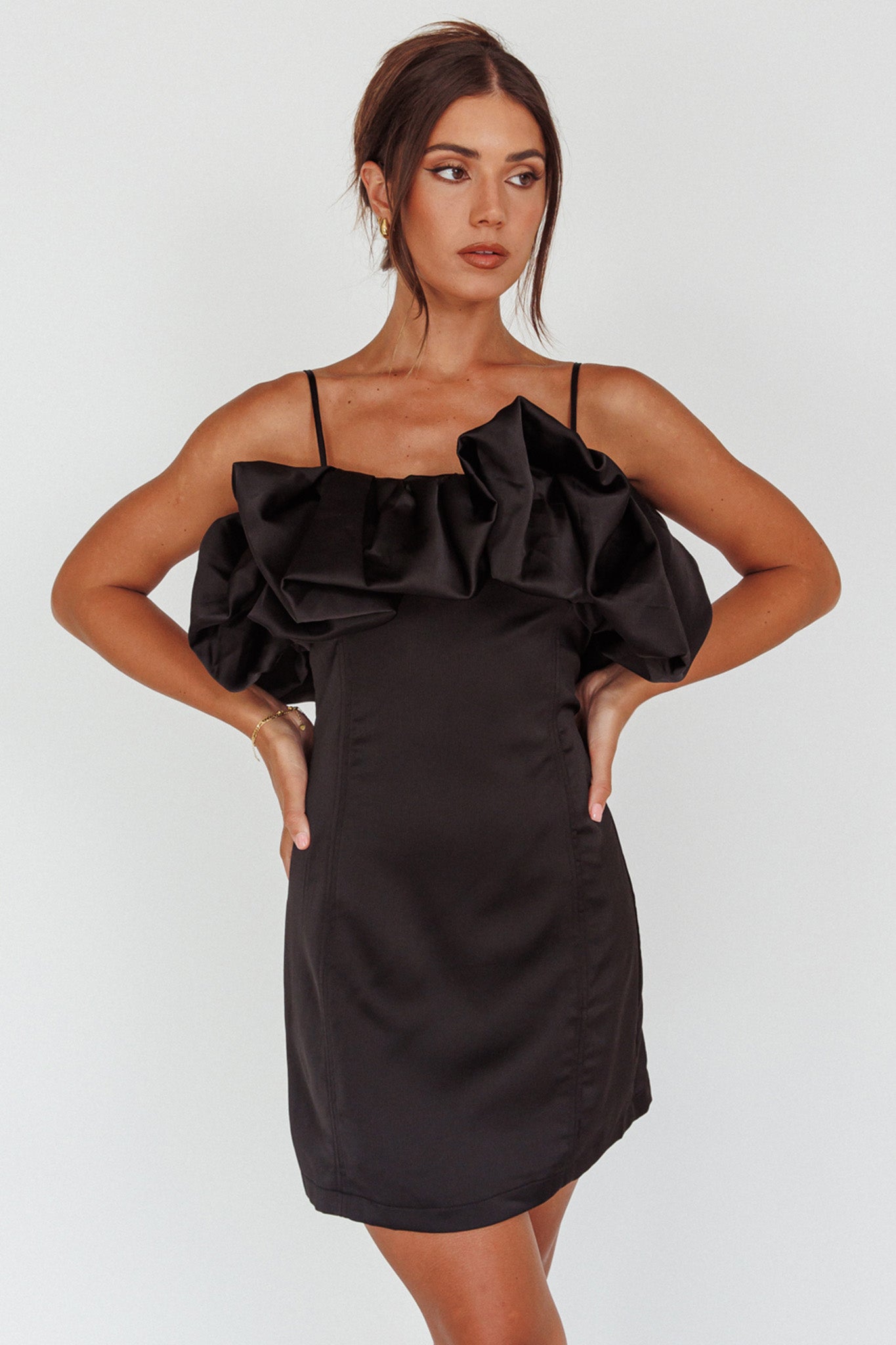 Shop the All The Drama Bubble Neckline Mini Dress Black | Selfie Leslie