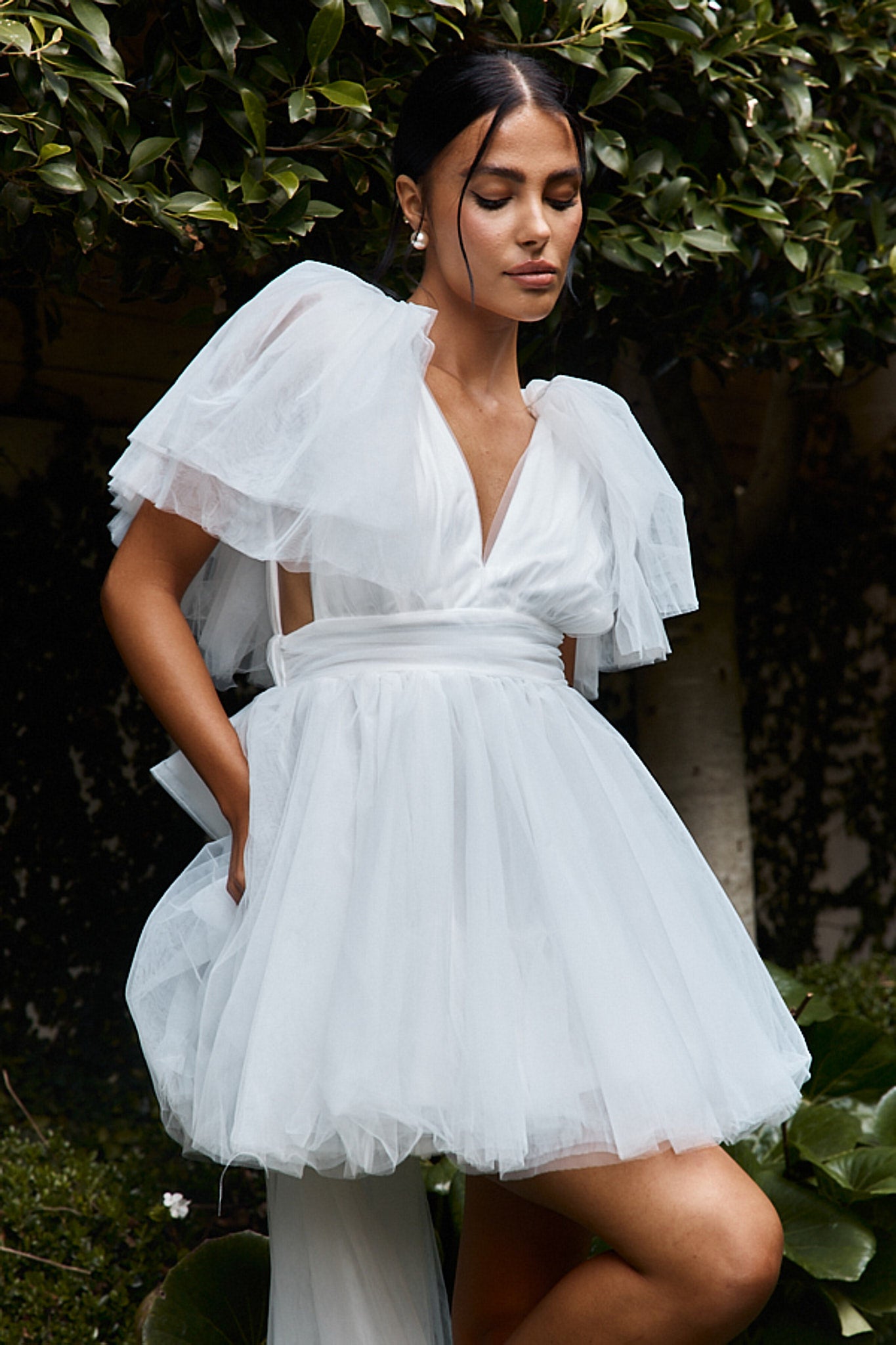 Star Power Tulle Train Mini Dress White Star Power Tulle Train Mini Dress White