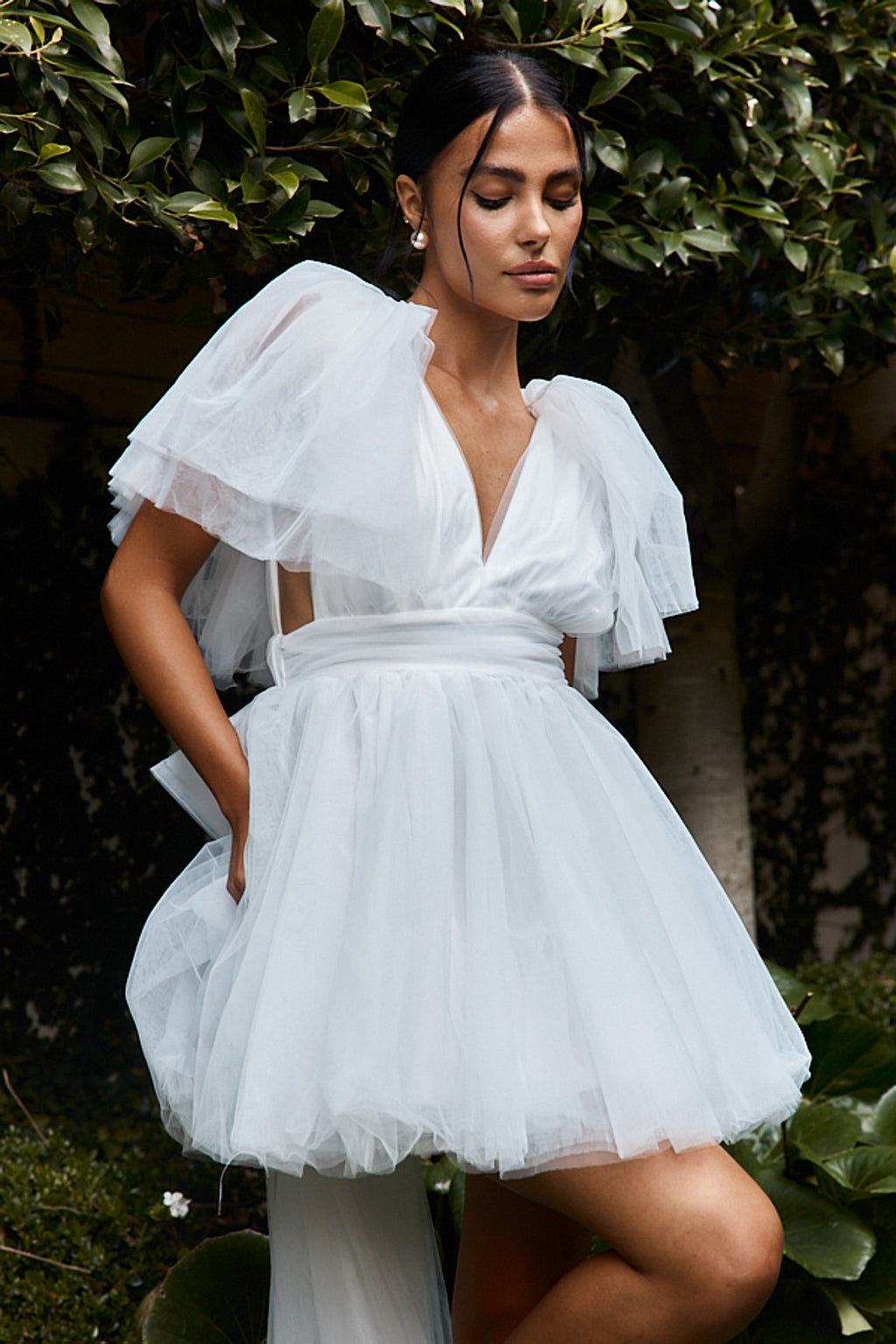 Star Power Tulle Train Mini Dress White by Selfie Leslie