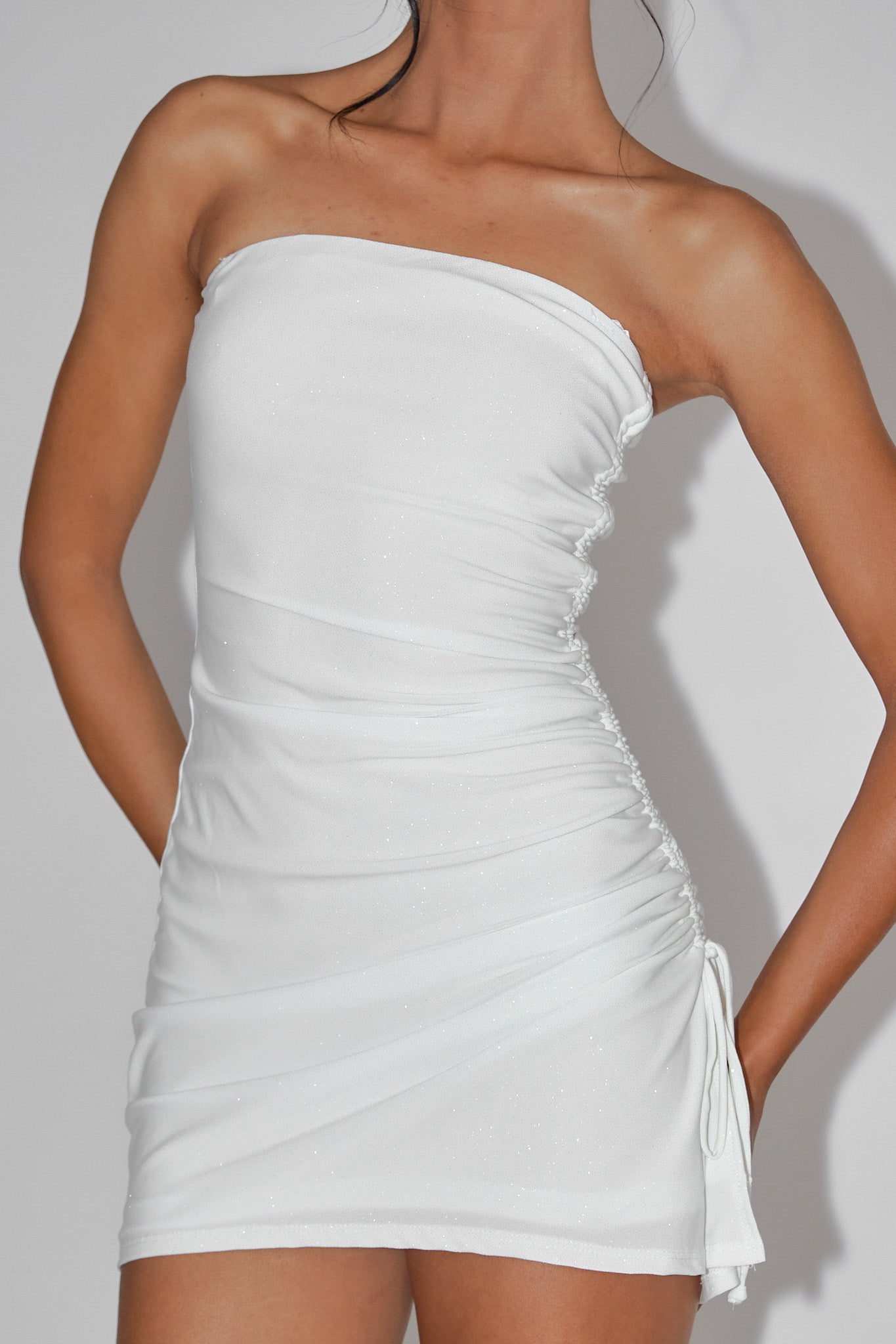 Cadiz Strapless Ruched Mini Dress Off White by Selfie Leslie