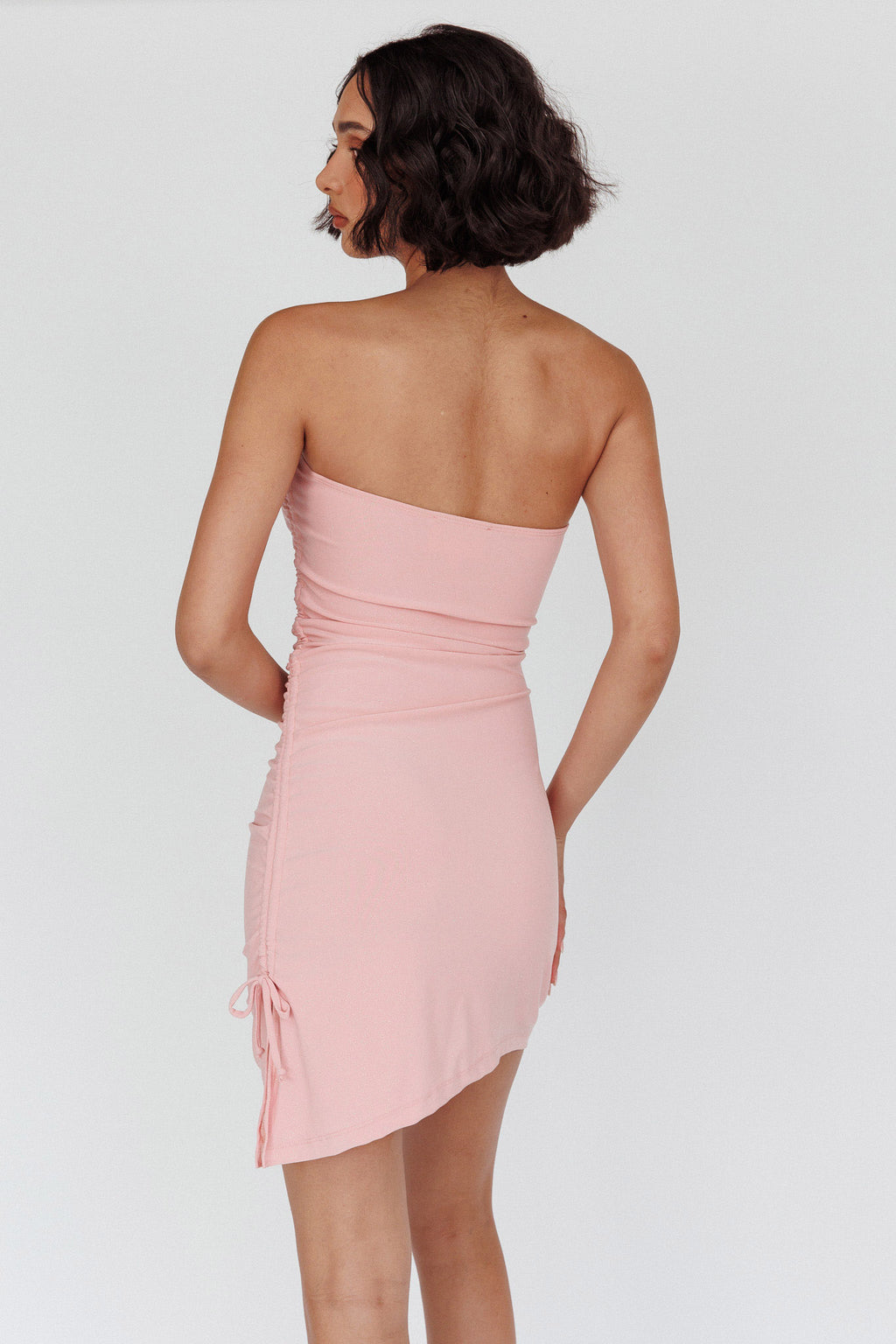 Cadiz Strapless Ruched Mini Dress Pink by Selfie Leslie
