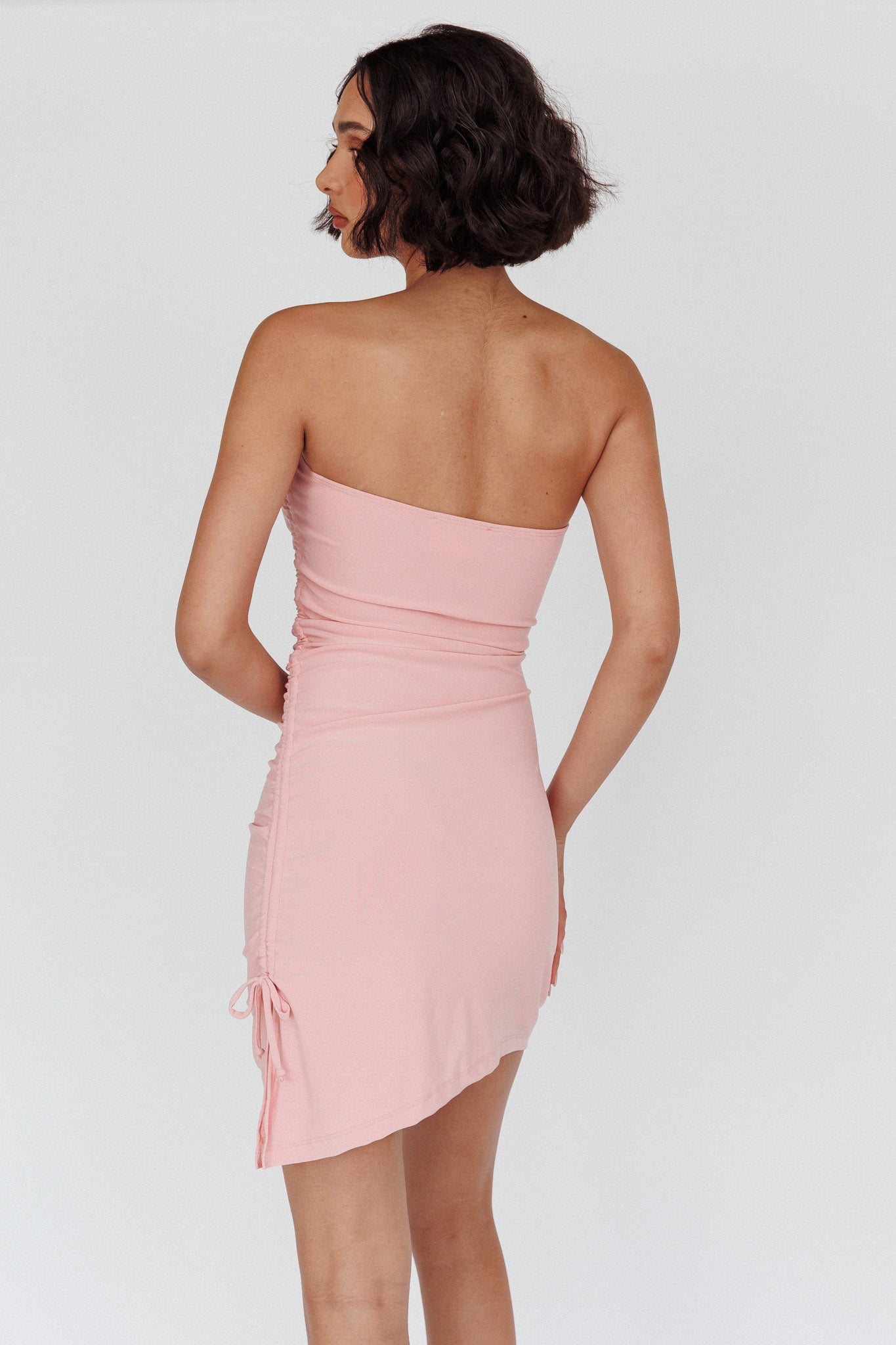 Cadiz Strapless Ruched Mini Dress Pink by Selfie Leslie