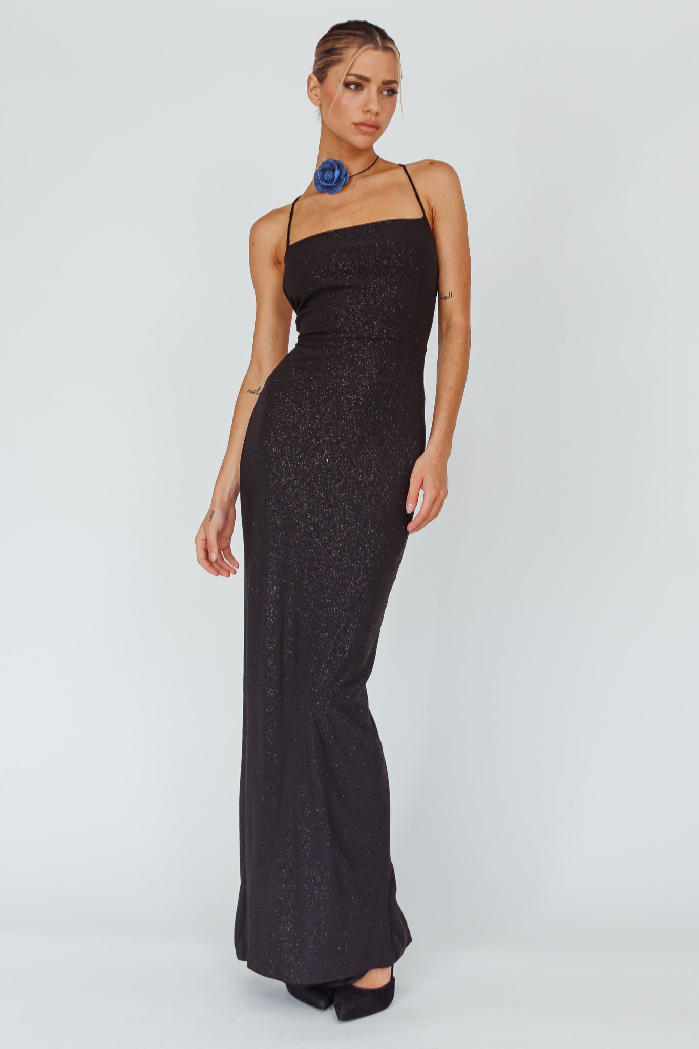 sparkly black dress maxi Ailani Lace-Up Back Sparkle Embellishment_Bowknot this dress ensures you Plus Size Holiday Outfits Train:Sweep Train (12-inch)