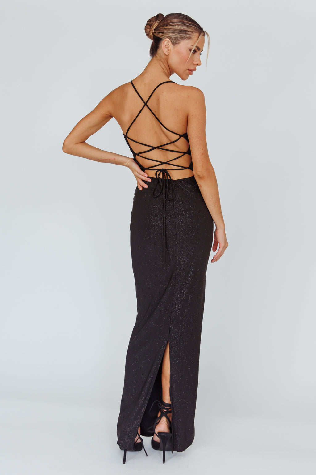 Ailani Lace-Up Back Maxi Dress Sparkle Black by Selfie Leslie