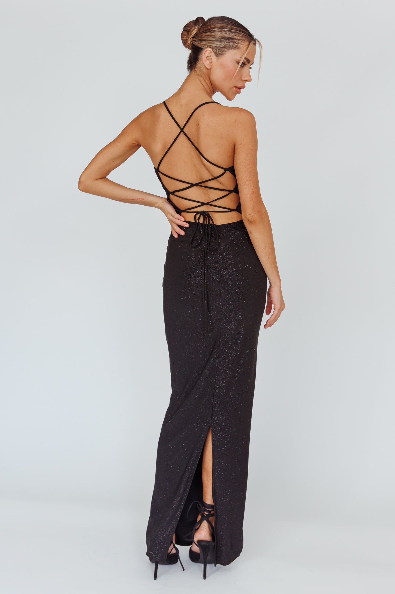 Ailani Lace-Up Back Maxi Dress Sparkle Black by Selfie Leslie