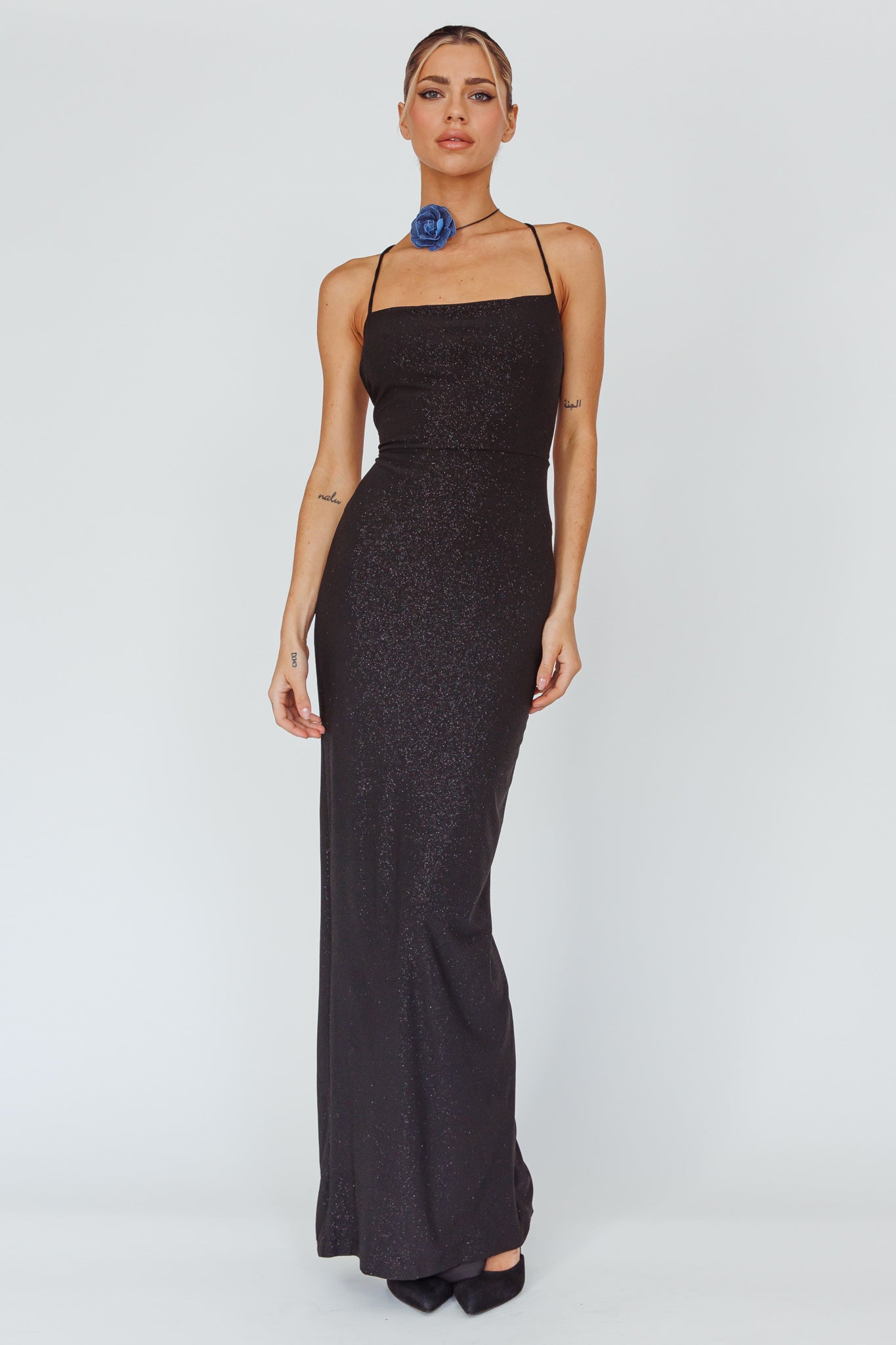 Ailani Lace-Up Back Maxi Dress Sparkle Black - L Ailani Lace-Up Back Maxi Dress Sparkle Black - L