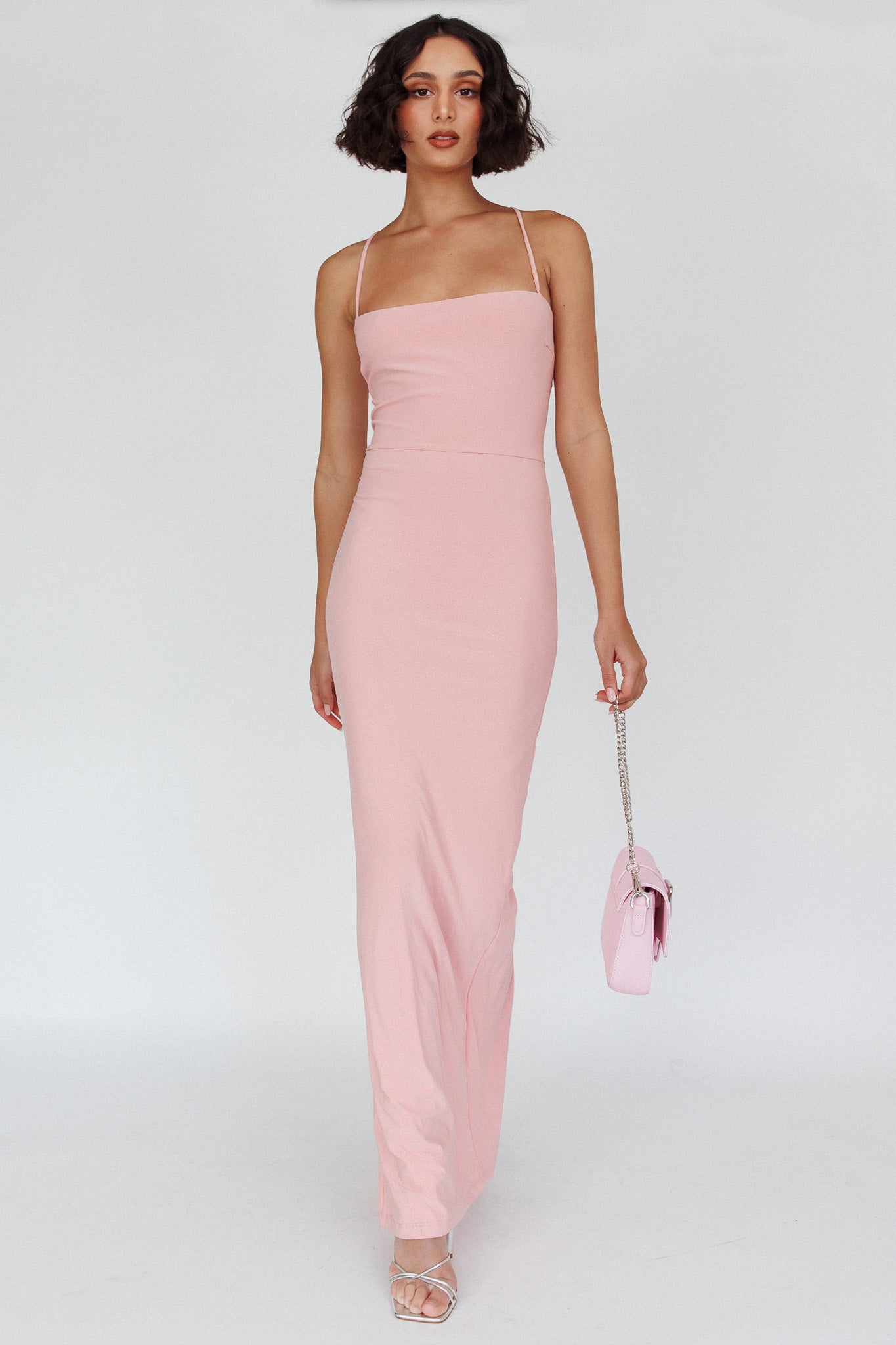 Ailani Lace-Up Back Maxi Dress Sparkle Pink by Selfie Leslie