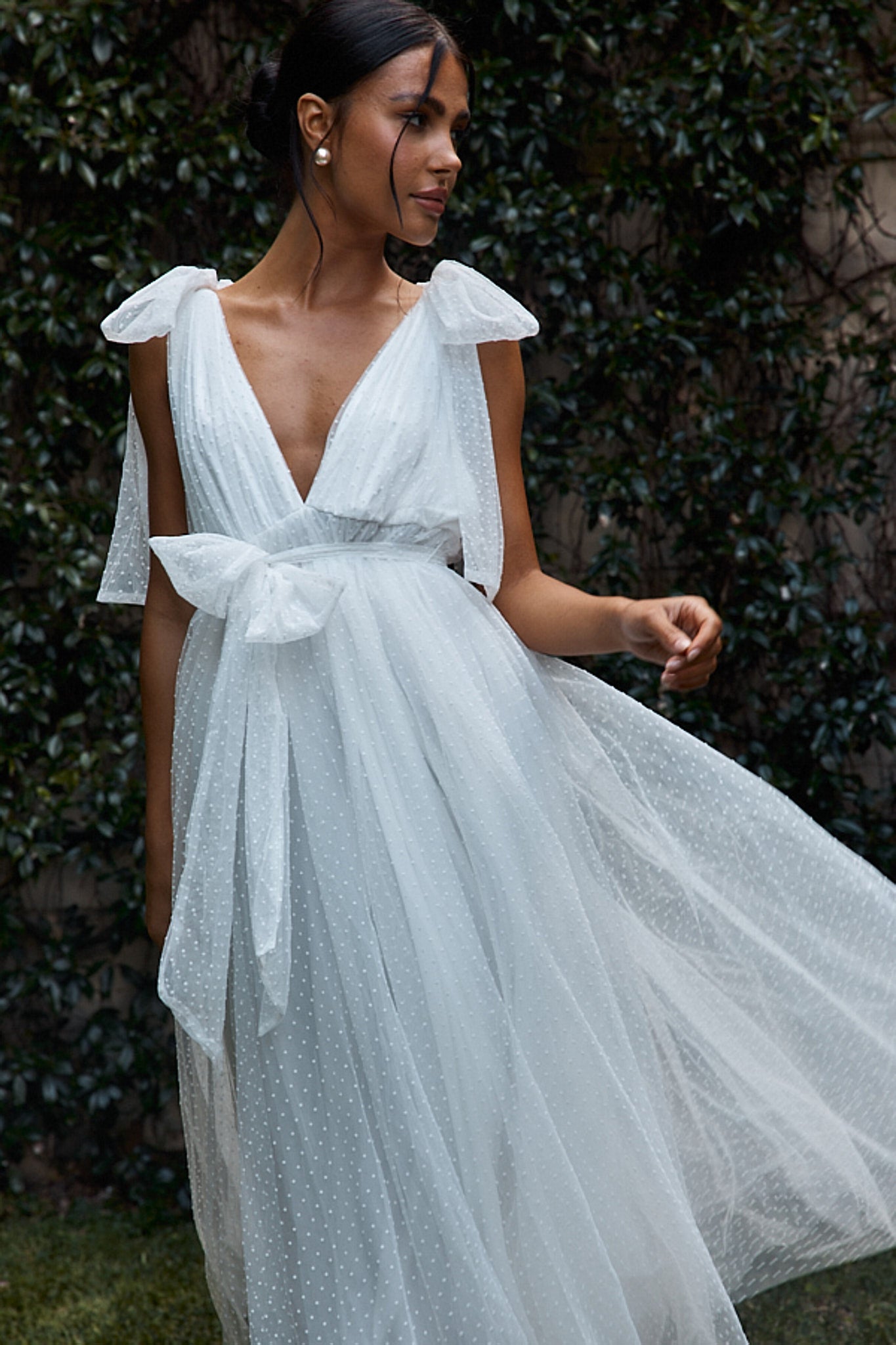 First Waltz Bow Shoulder Hail Spot Midi Dress Off White by Selfie Leslie