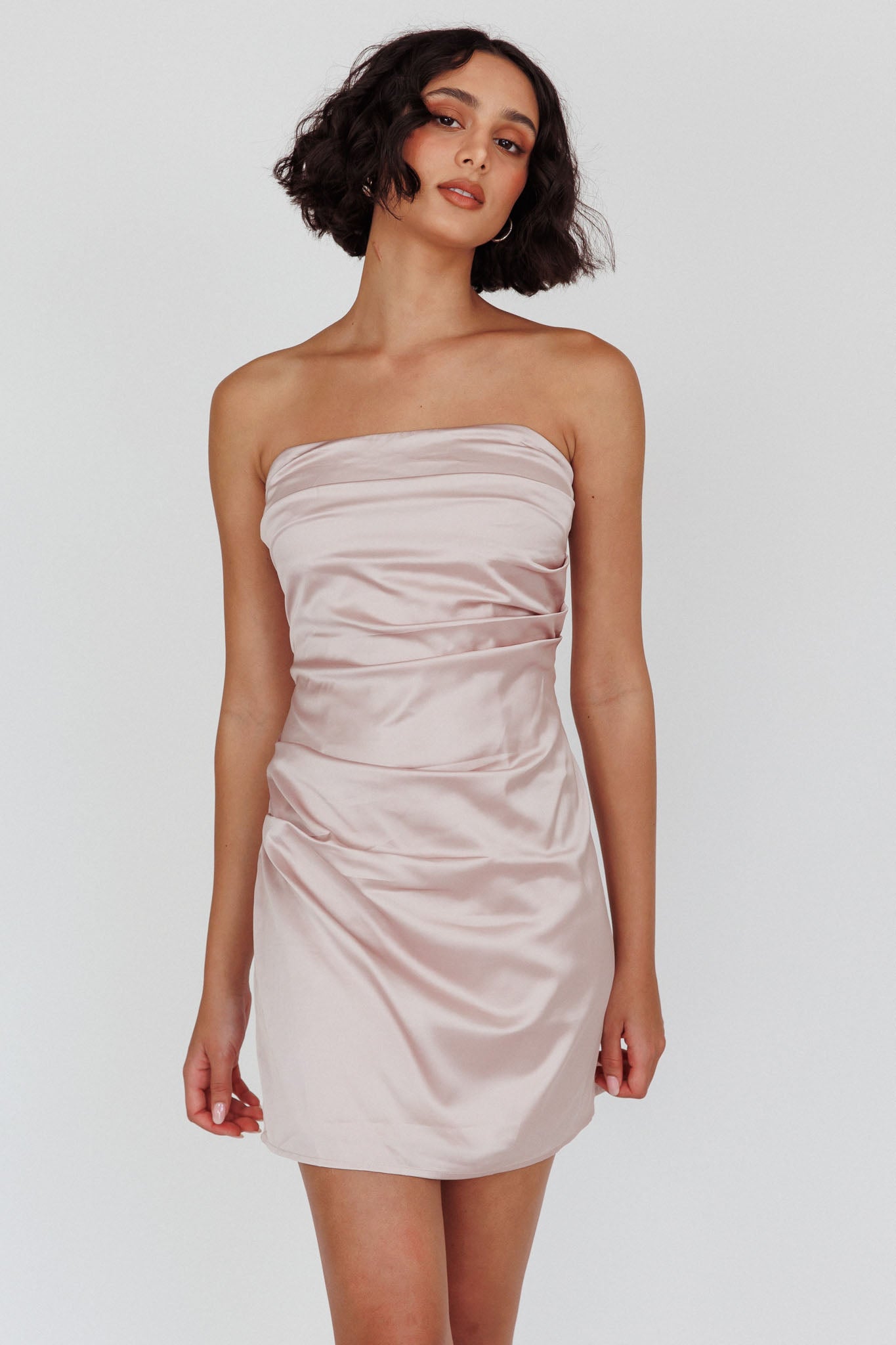 Love Waits Strapless Side Pleat Mini Dress Dirty Blush by Selfie Leslie