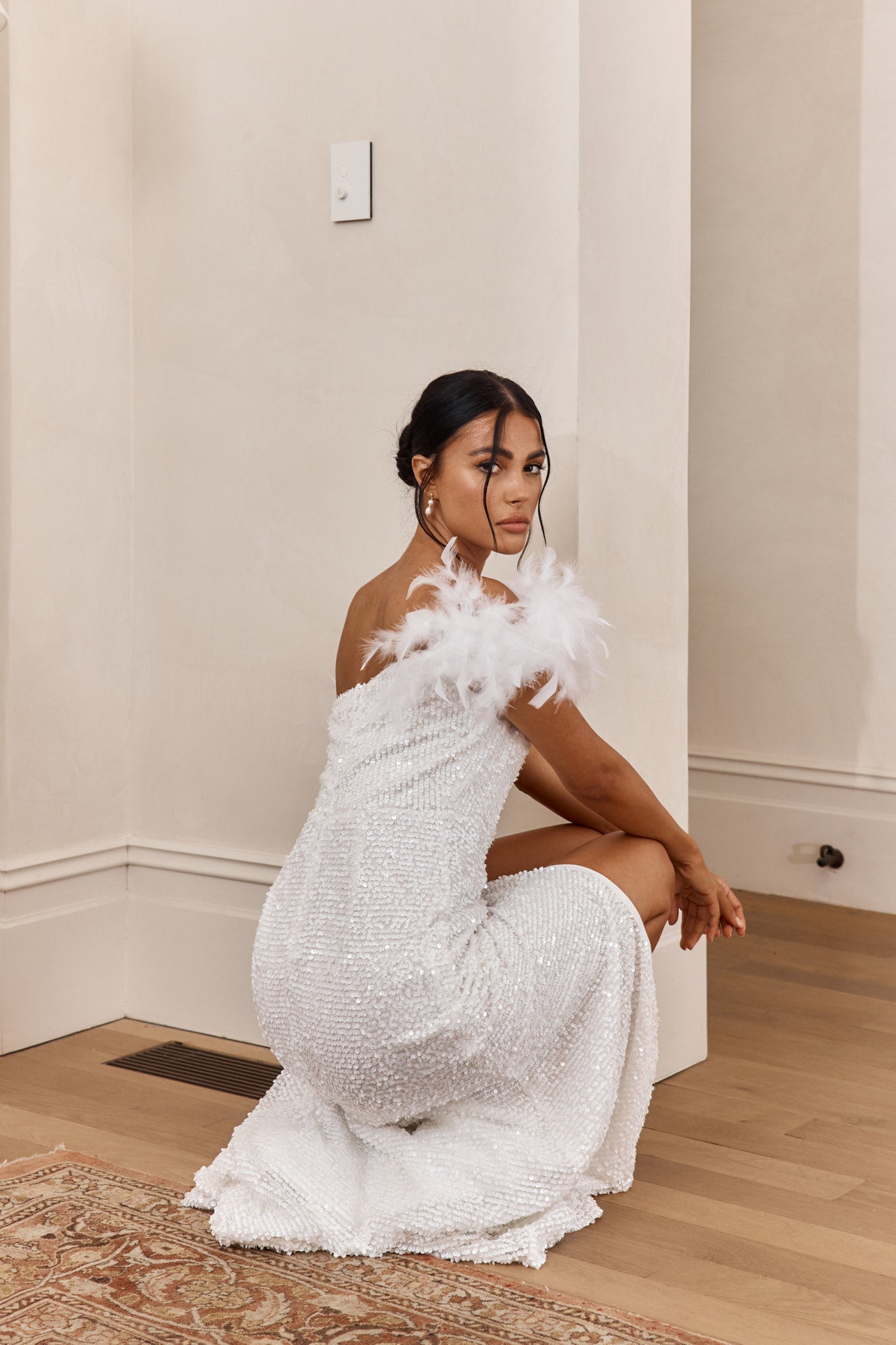 For Lovers Feather Trim Sequin Maxi Dress White by Selfie Leslie