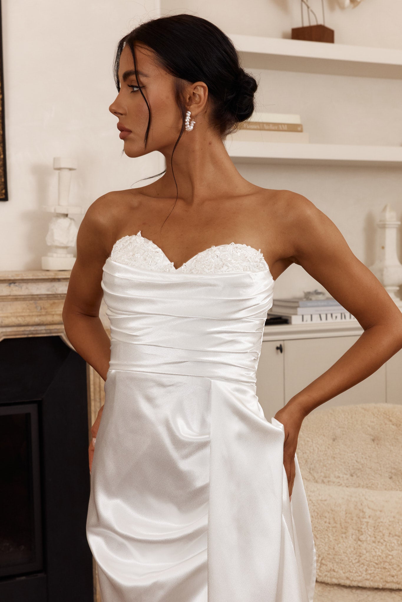 Ahava Sweetheart Applique Satin Maxi Dress White by Selfie Leslie
