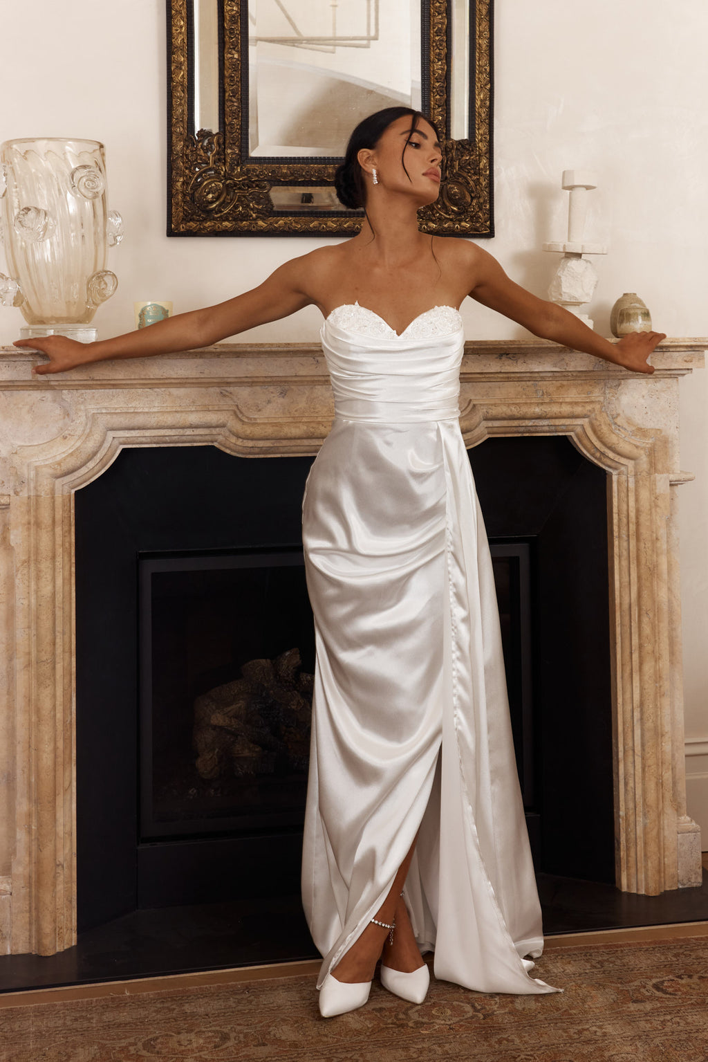Ahava Sweetheart Applique Satin Maxi Dress White by Selfie Leslie