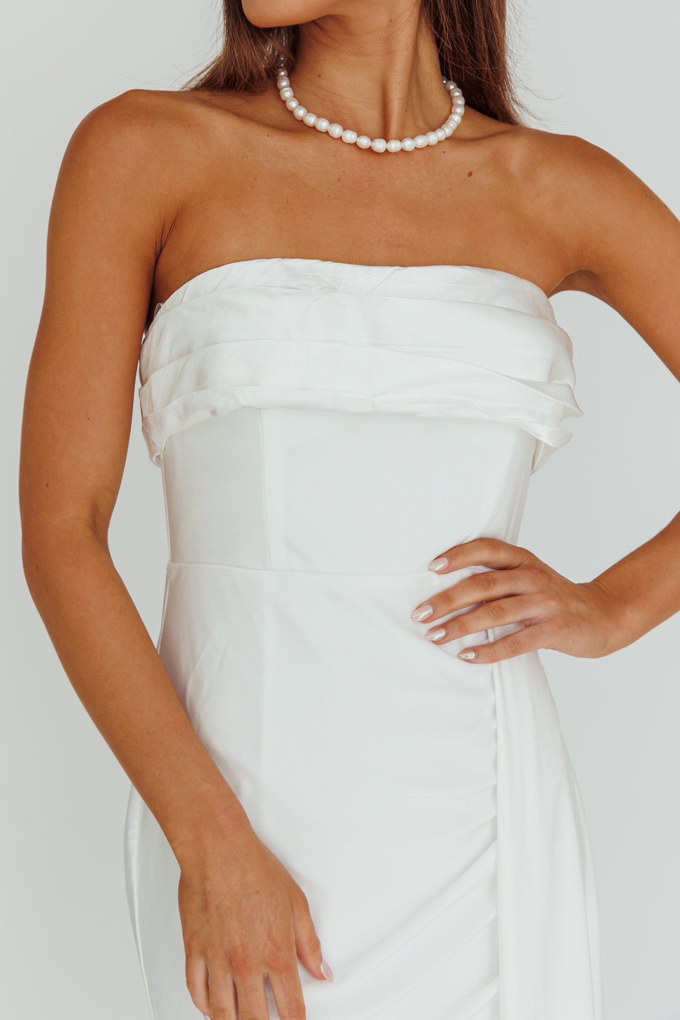 The One Strapless Maxi Dress White by Selfie Leslie