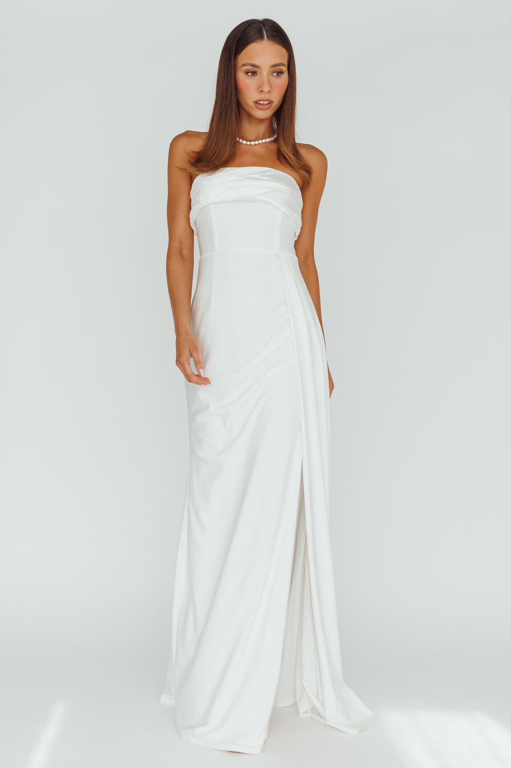 The One Strapless Maxi Dress White by Selfie Leslie