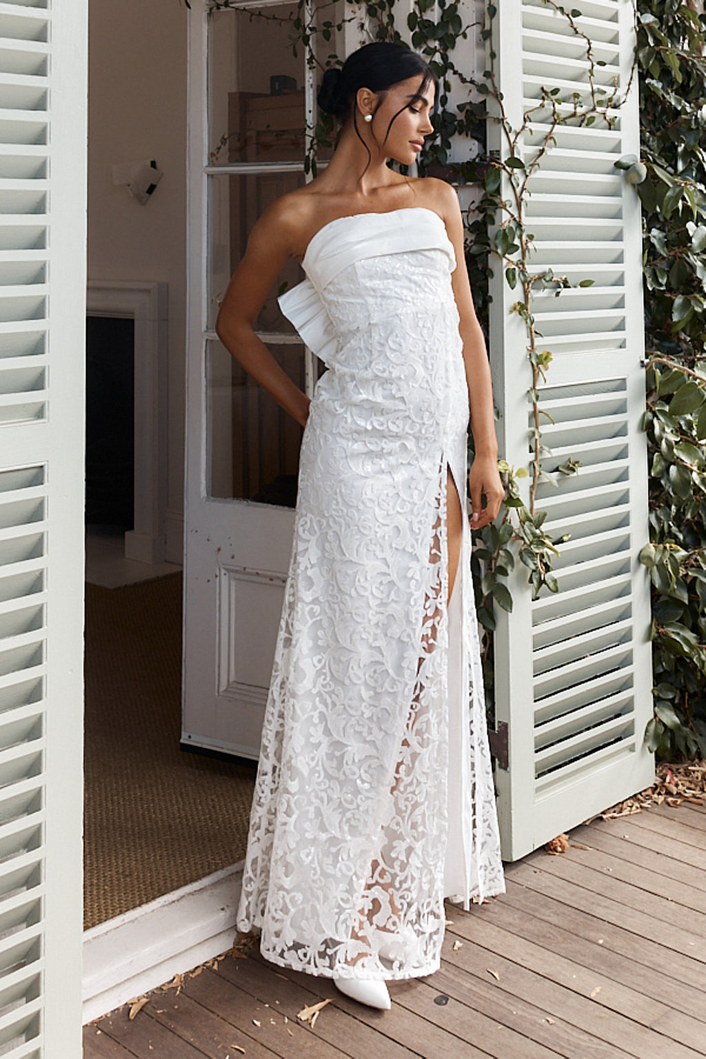 Delphina Strapless Bow Back Lace Dress Ivory by Selfie Leslie