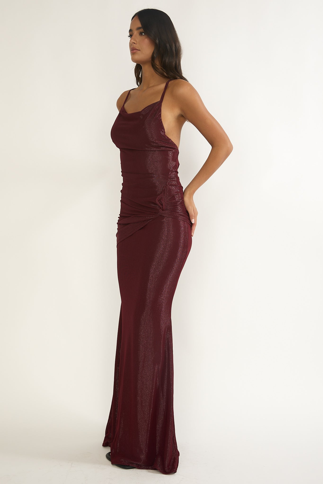 Oralia Criss-Cross Back Maxi Dress Burgundy by Selfie Leslie