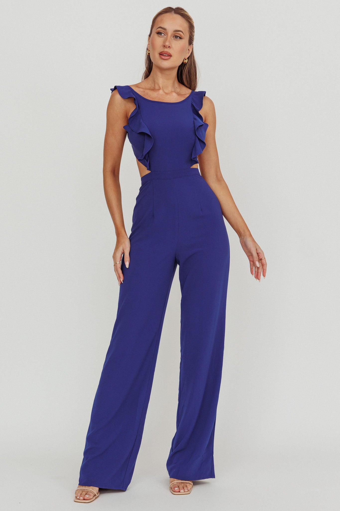 Kiss Me Sleeveless Ruffle Jumpsuit Blue by Selfie Leslie