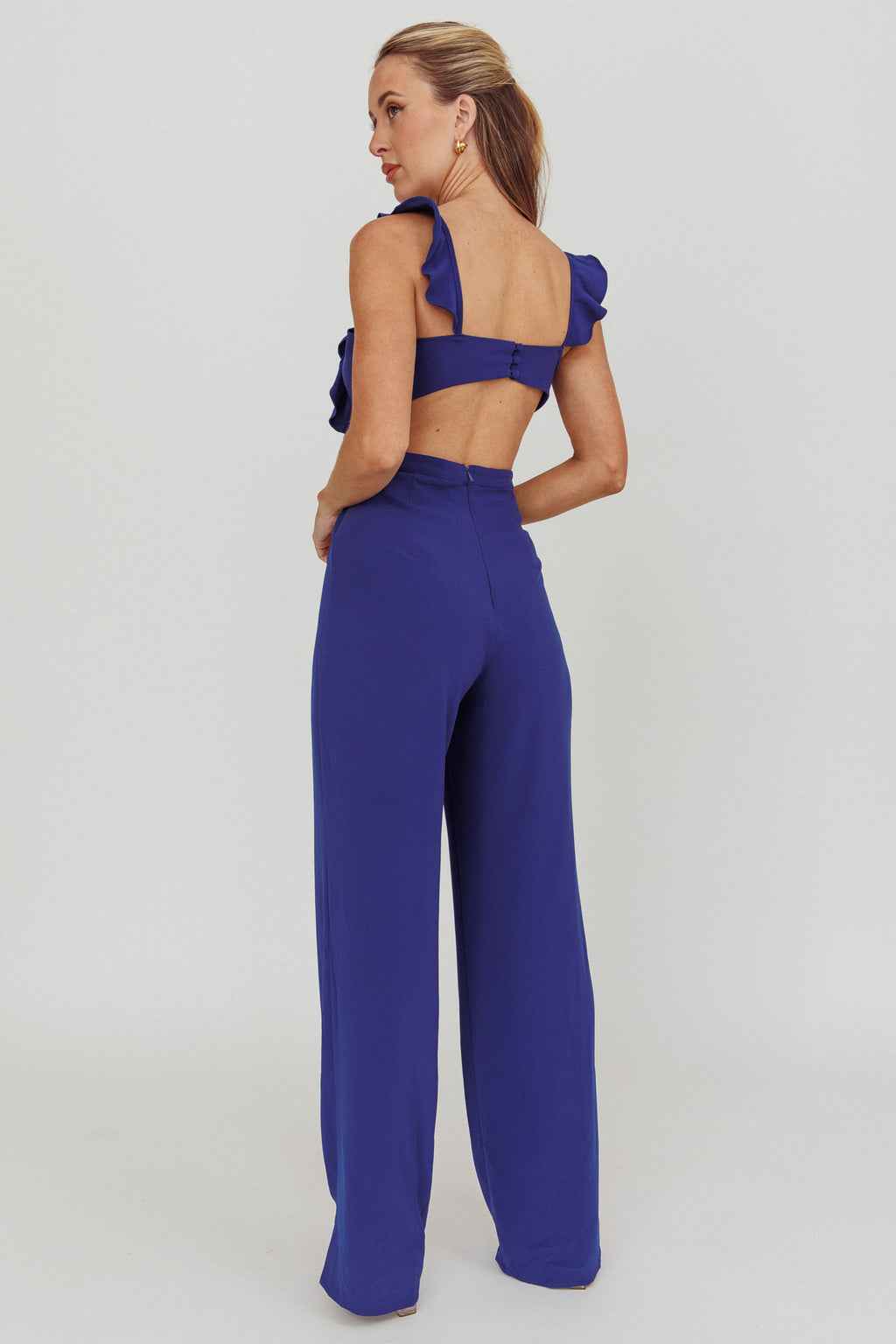 Kiss Me Sleeveless Ruffle Jumpsuit Blue by Selfie Leslie