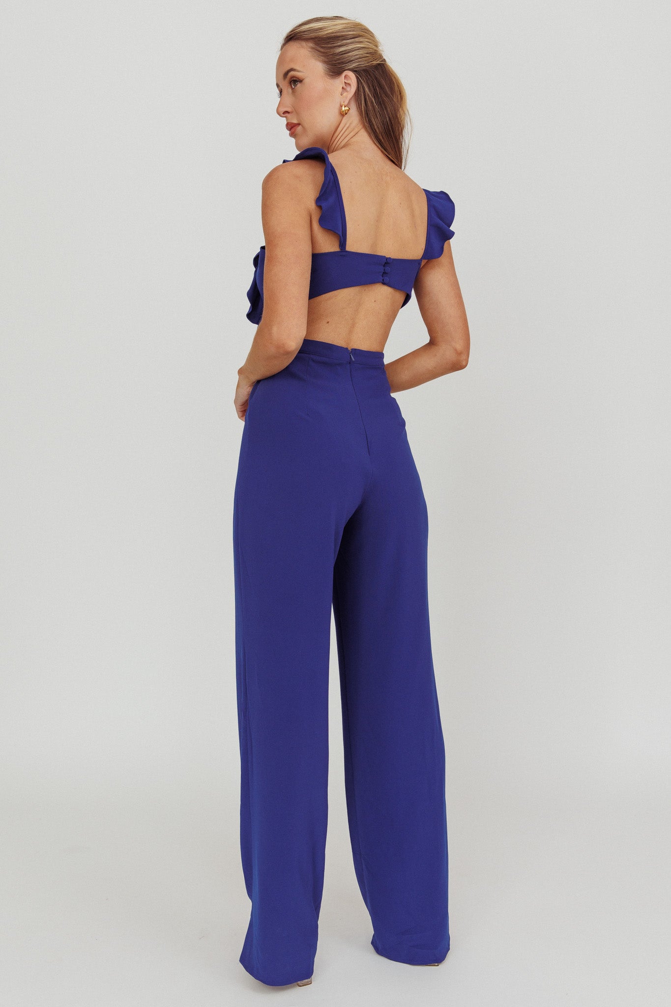 Kiss Me Sleeveless Ruffle Jumpsuit Blue by Selfie Leslie