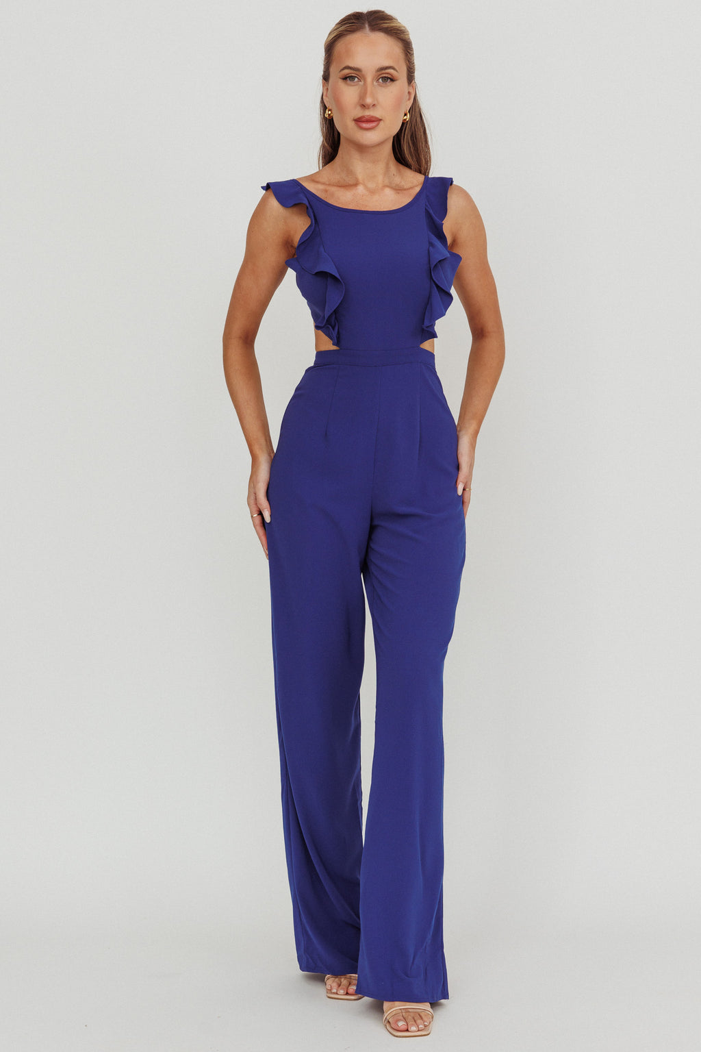 Kiss Me Sleeveless Ruffle Jumpsuit Blue by Selfie Leslie