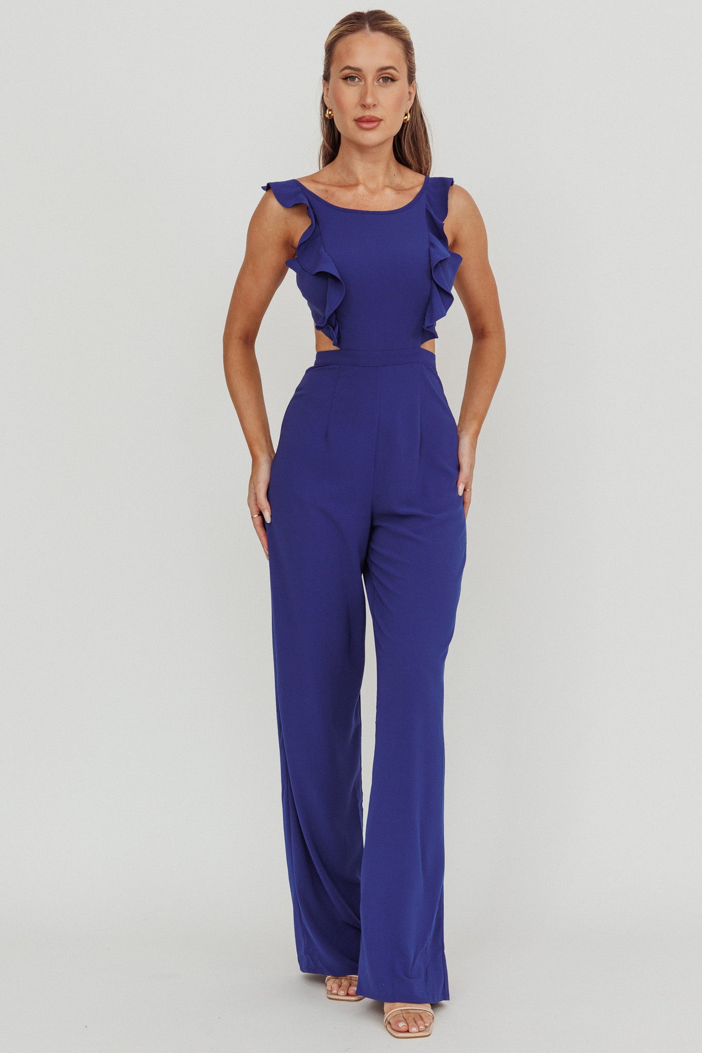 Kiss Me Sleeveless Ruffle Jumpsuit Blue by Selfie Leslie