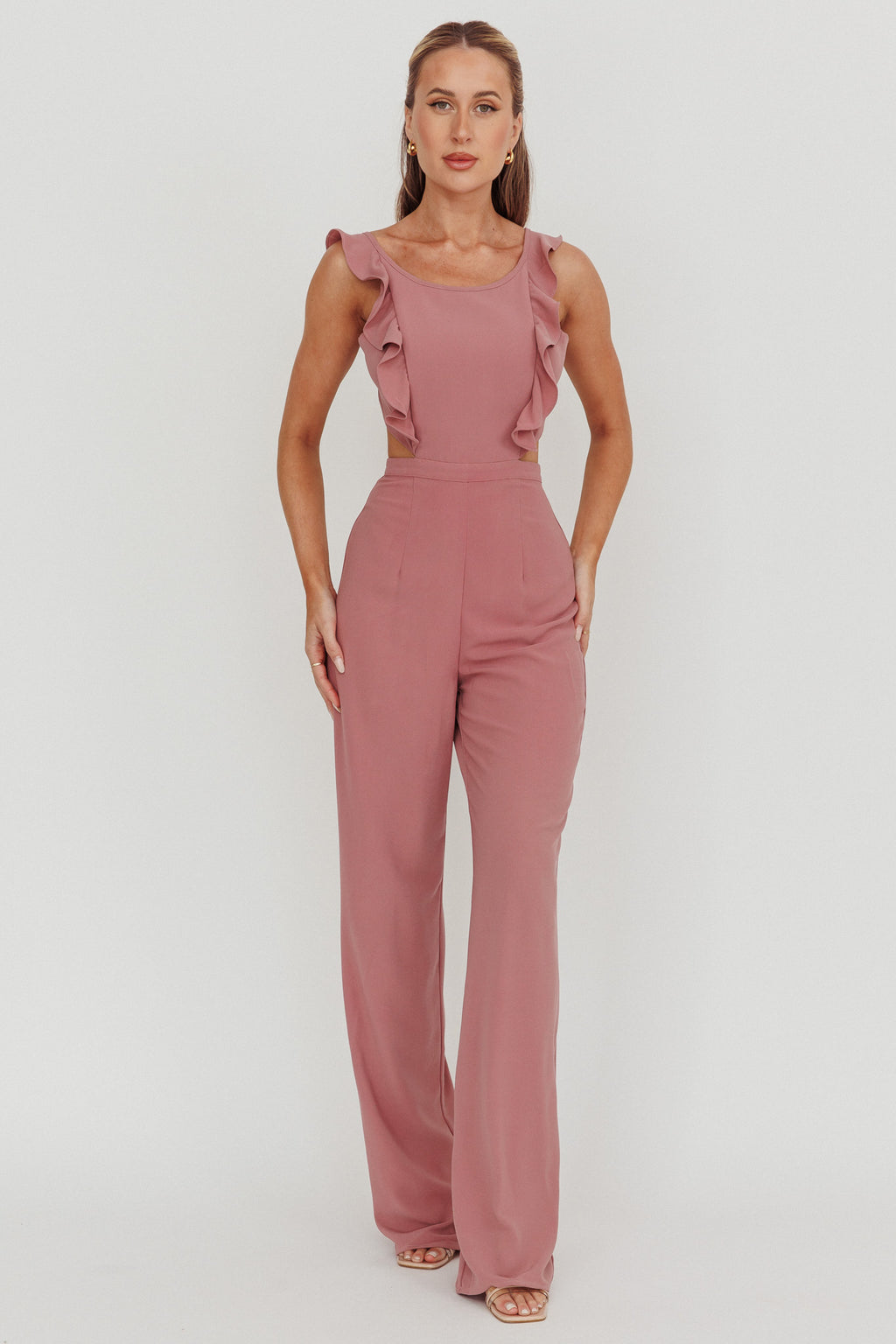 Kiss Me Sleeveless Ruffle Jumpsuit Pink by Selfie Leslie