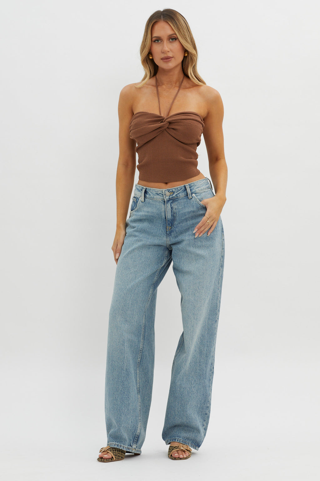 Solitude Twist Bust Knit Top Brown by Selfie Leslie