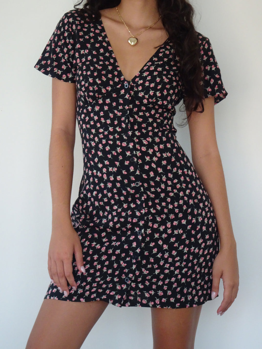 Field Trip Button Front Mini Dress Black Floral by Selfie Leslie