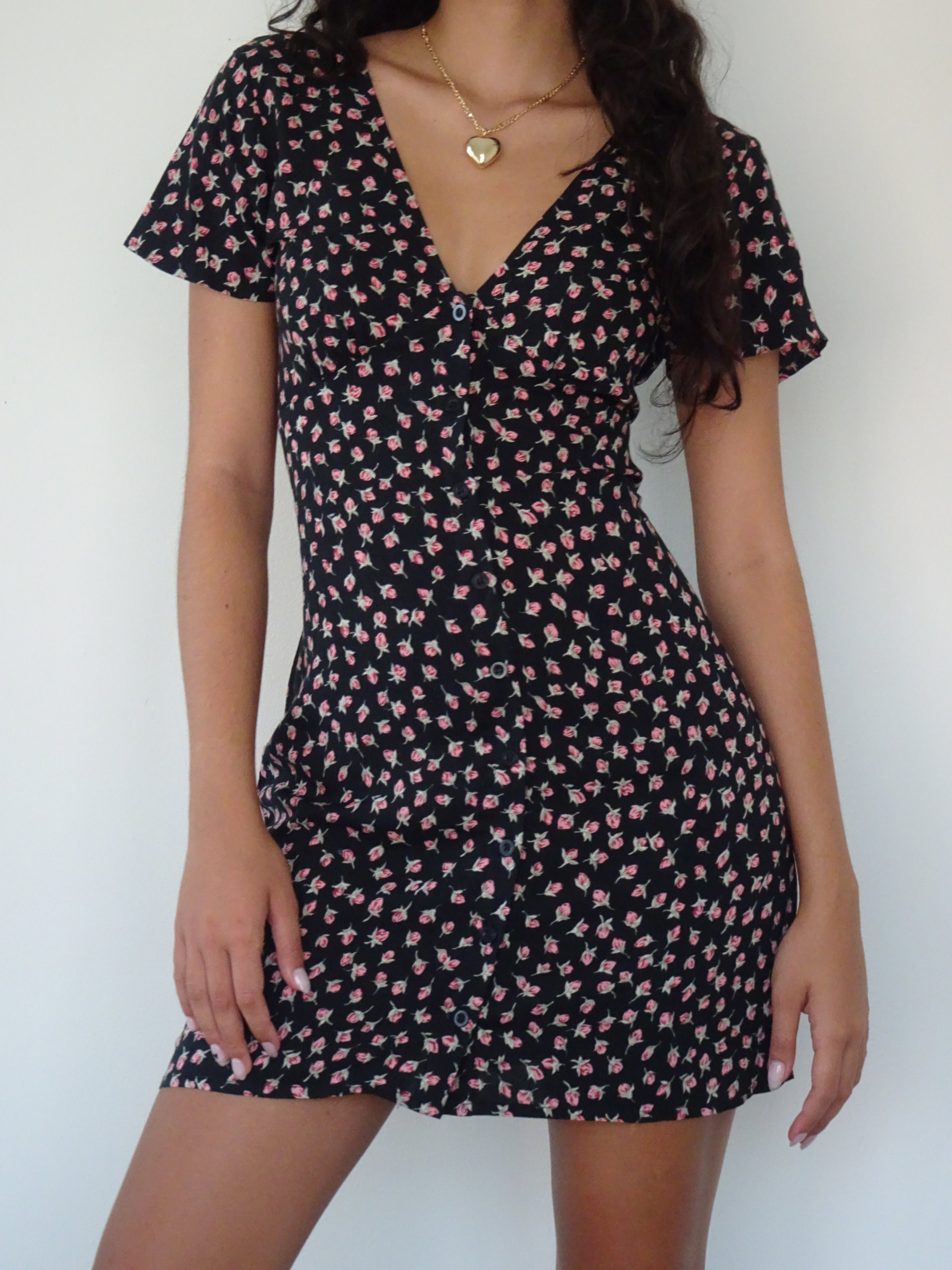 Field Trip Button Front Mini Dress Black Floral by Selfie Leslie