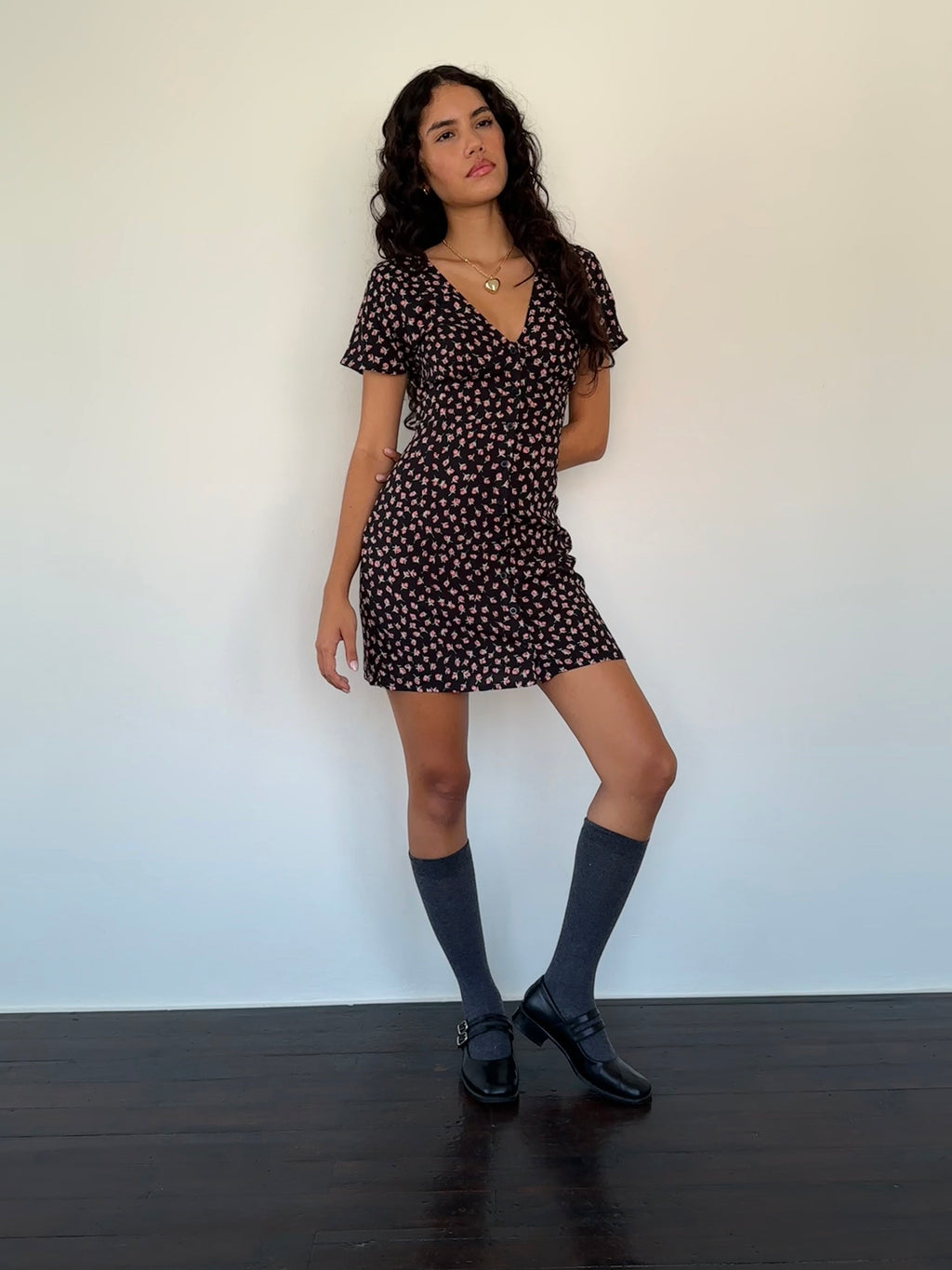 Field Trip Button Front Mini Dress Black Floral by Selfie Leslie