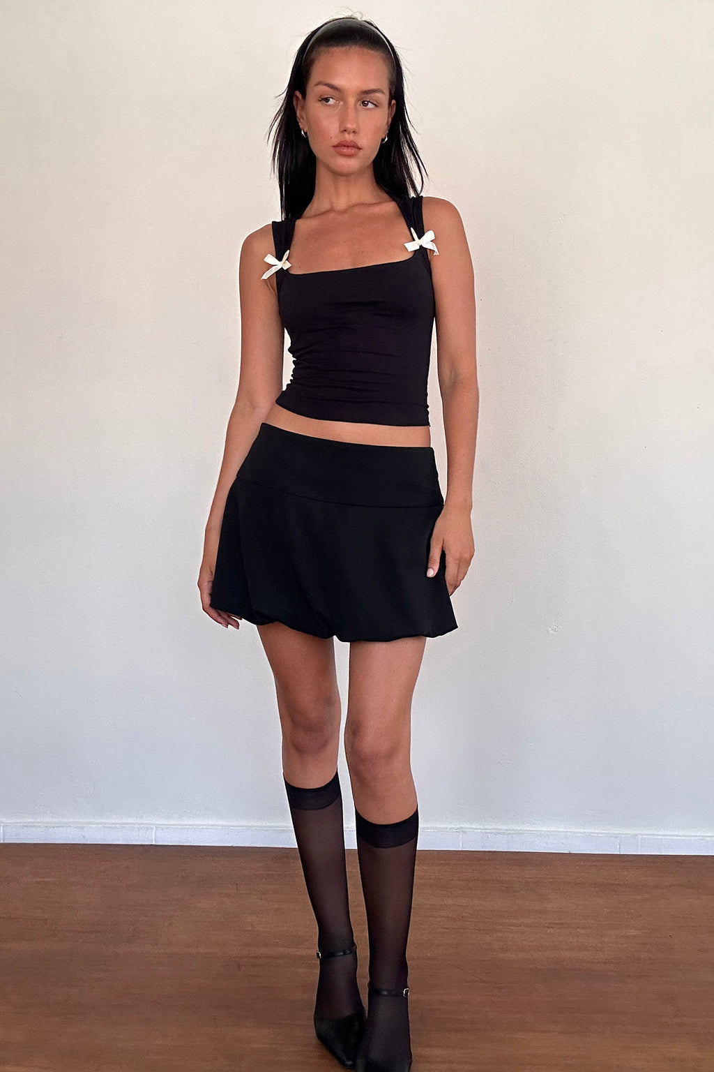 Jiniso Crop Top In Black With Ivory Bows by Selfie Leslie