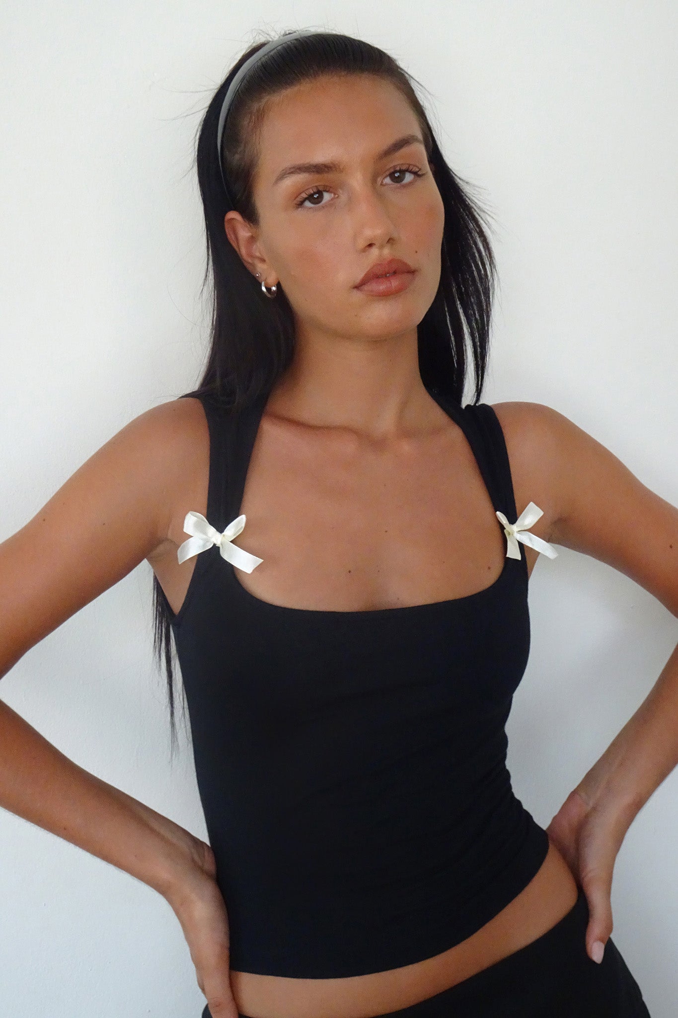 Jiniso Crop Top In Black With Ivory Bows by Selfie Leslie