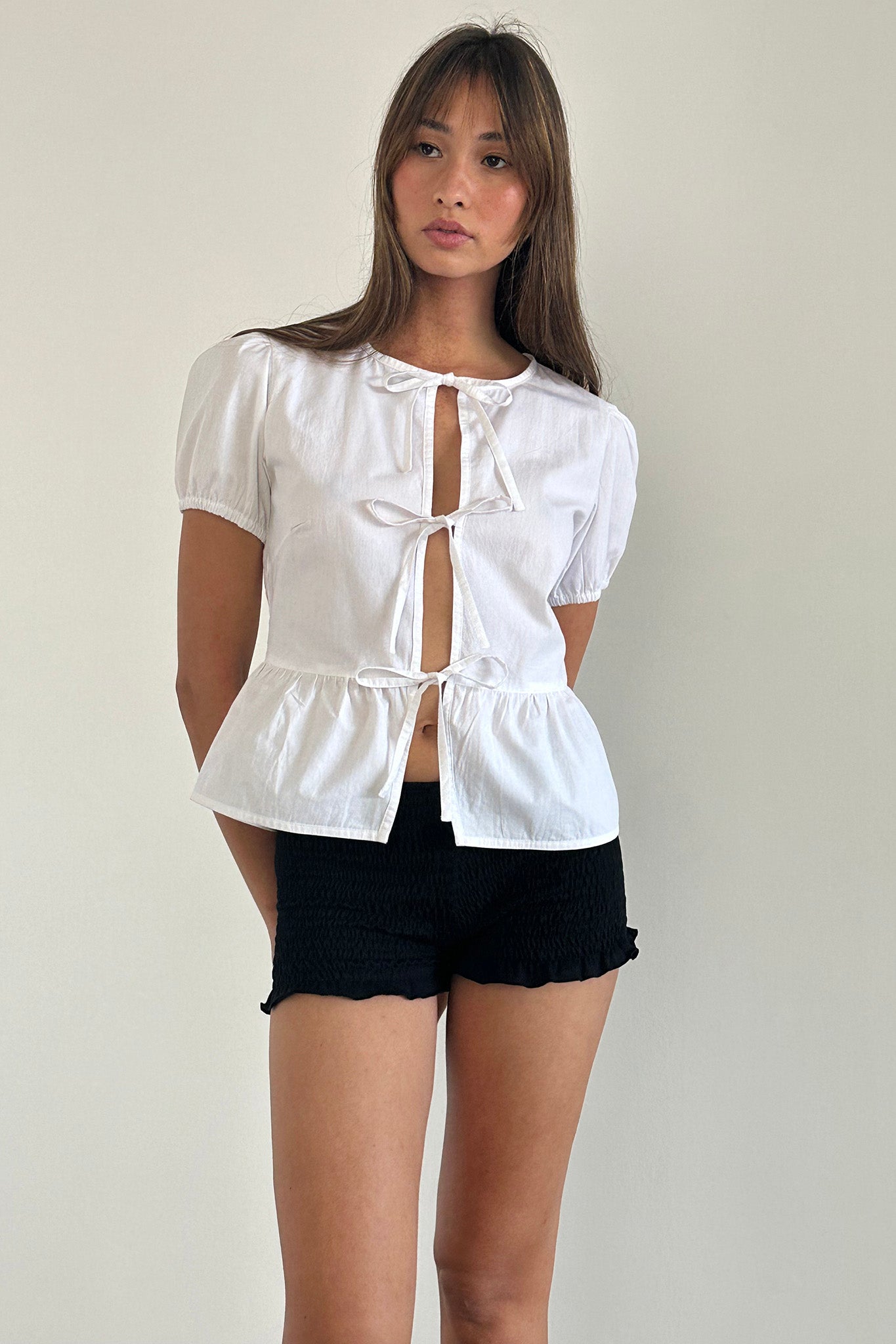 Scandi Puff Sleeve Tie Front Top White– Selfie Leslie