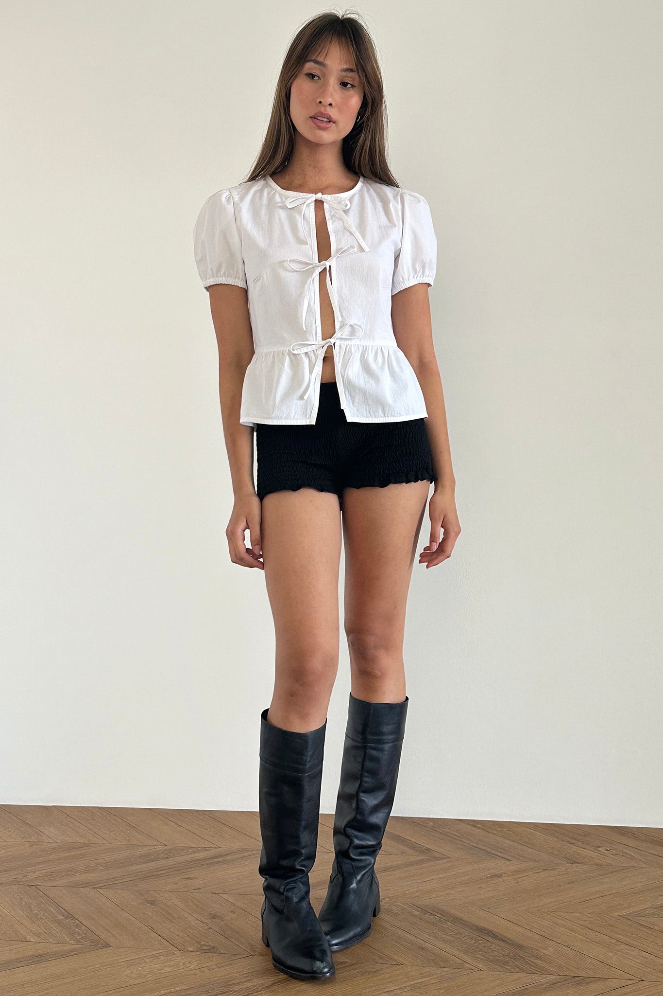 Scandi Puff Sleeve Tie Front Top White | Selfie Leslie