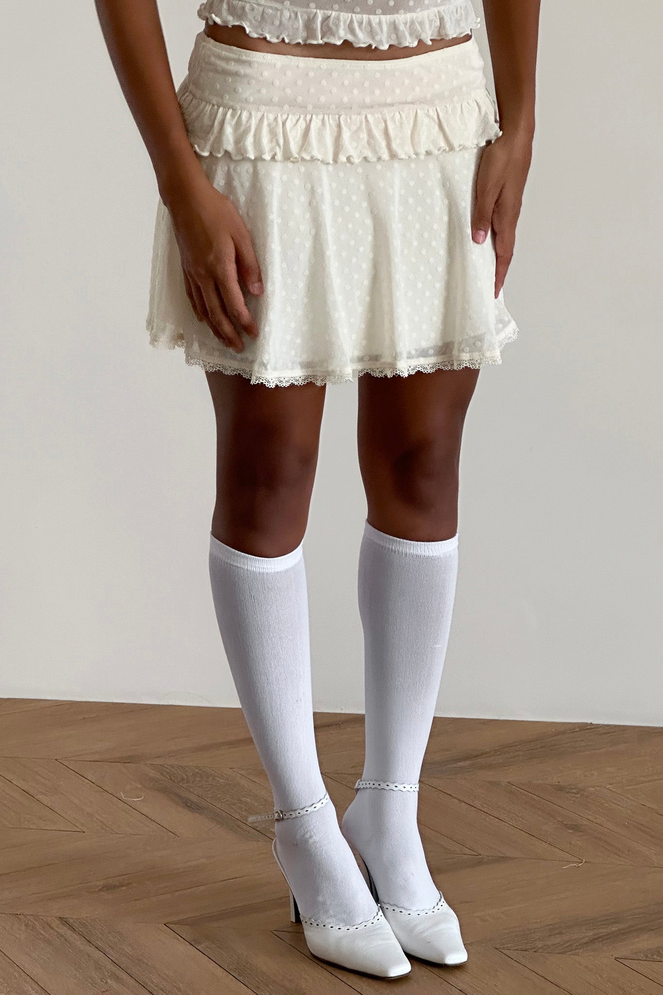 Gastri Mini Skirt In Ivory Polka Flock by Selfie Leslie