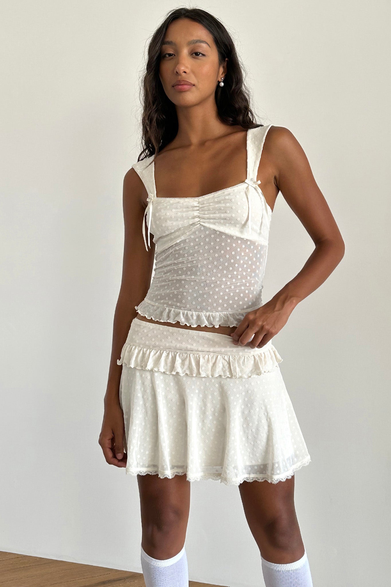 Gastri Mini Skirt In Ivory Polka Flock | Selfie Leslie