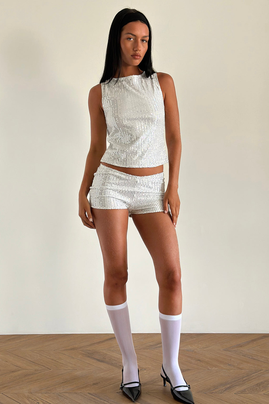 Erna Shorts Silver Chrome Sequin by Selfie Leslie