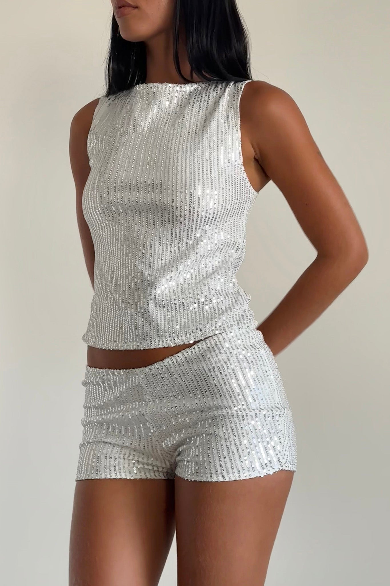 Erna Shorts Silver Chrome Sequin by Selfie Leslie