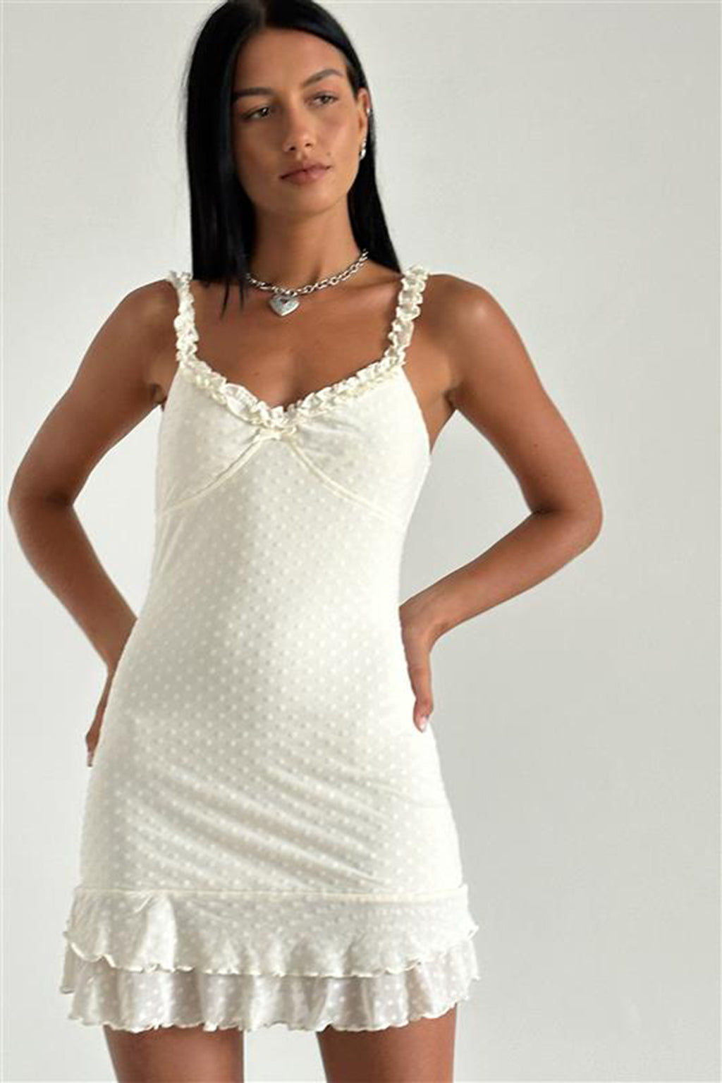 Riri Frill Strap Textured Mini Dress Ivory by Selfie Leslie